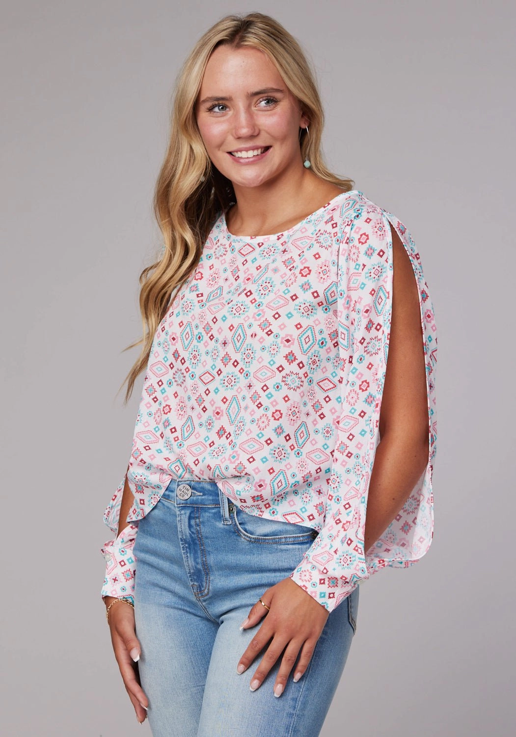 Seamless Sides Layered Look Roper Womens Scattered Aztec Multi-Color 100% Rayon L/S Blouse