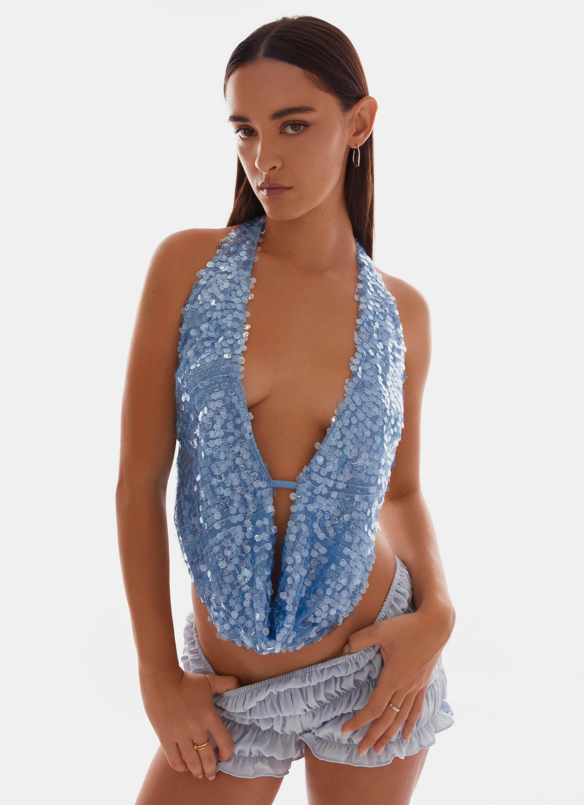 Stylish Outfit Rio Dreams Cowl Neck Halter Top - Blue