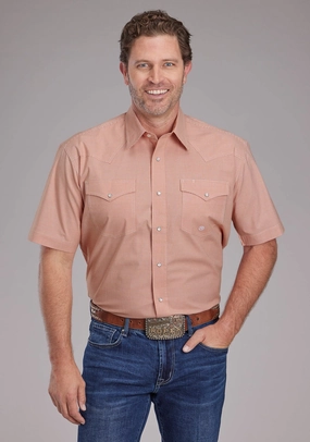 Roper Mens 2387 Stretch Minicheck Orange Cotton Blend S/S Shirt Smart Appearance Twill Weave