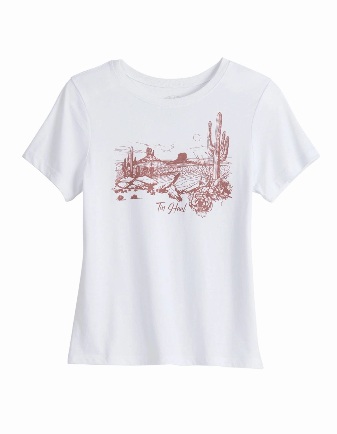 color block Tin Haul Womens Red Desert Scene White Cotton Blend S/S T-Shirt
