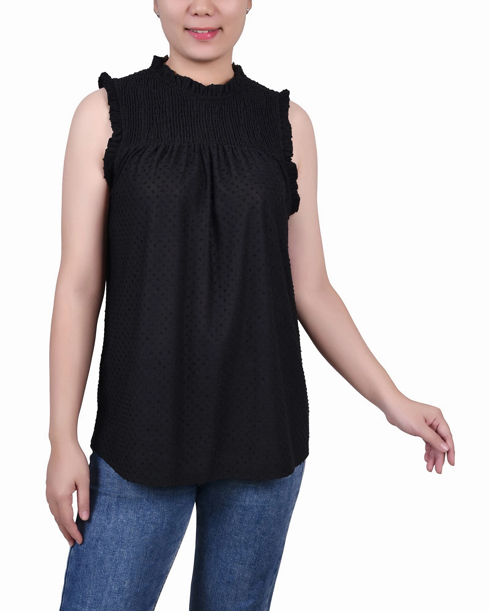 Ribbed Hemline SnagProof Sleeveless Yoke Top With Ruffles