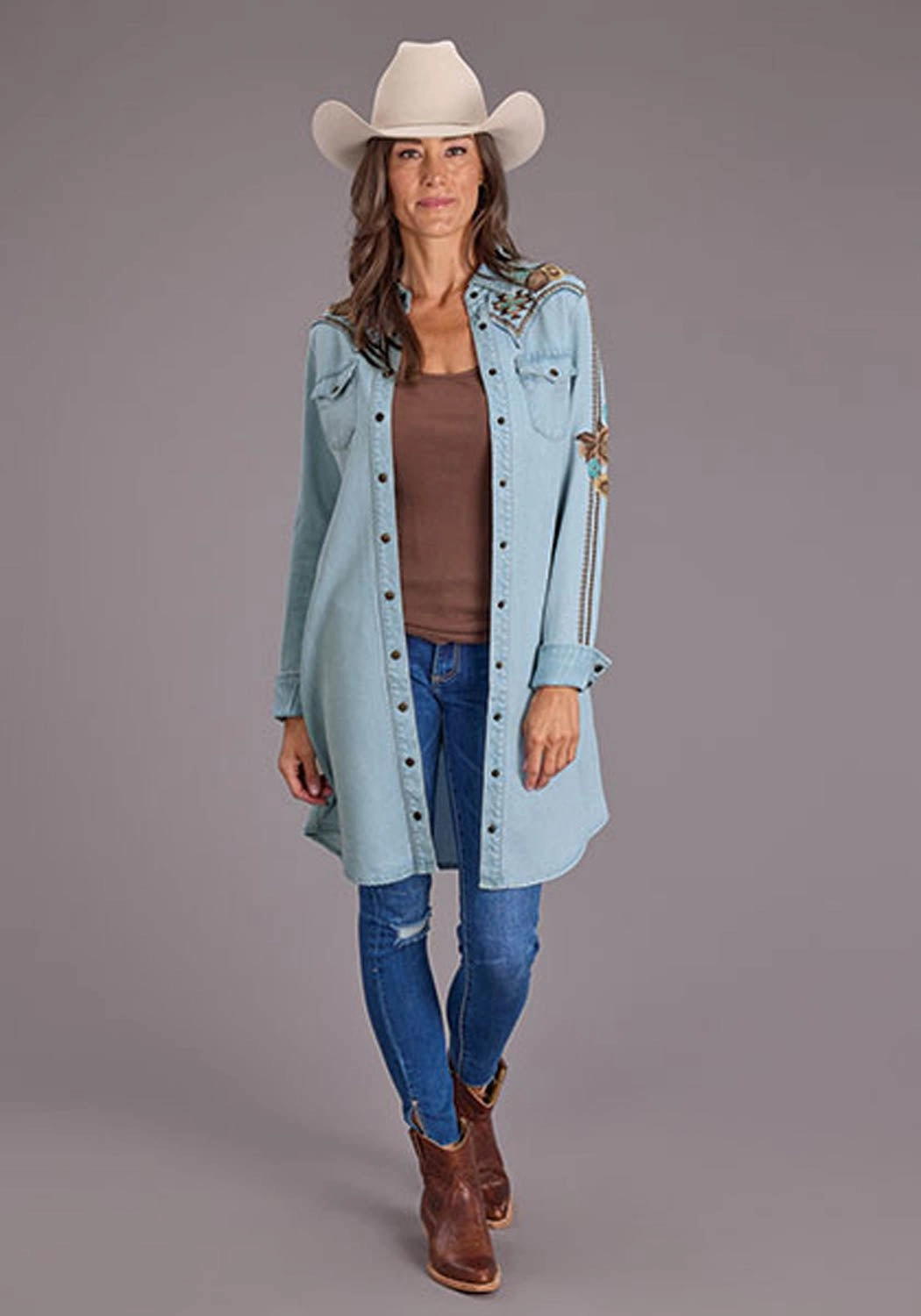 Stetson Womens Southwestern Snap Button Blue Lyocell L/S Dress Shiny Zip Evening Tone