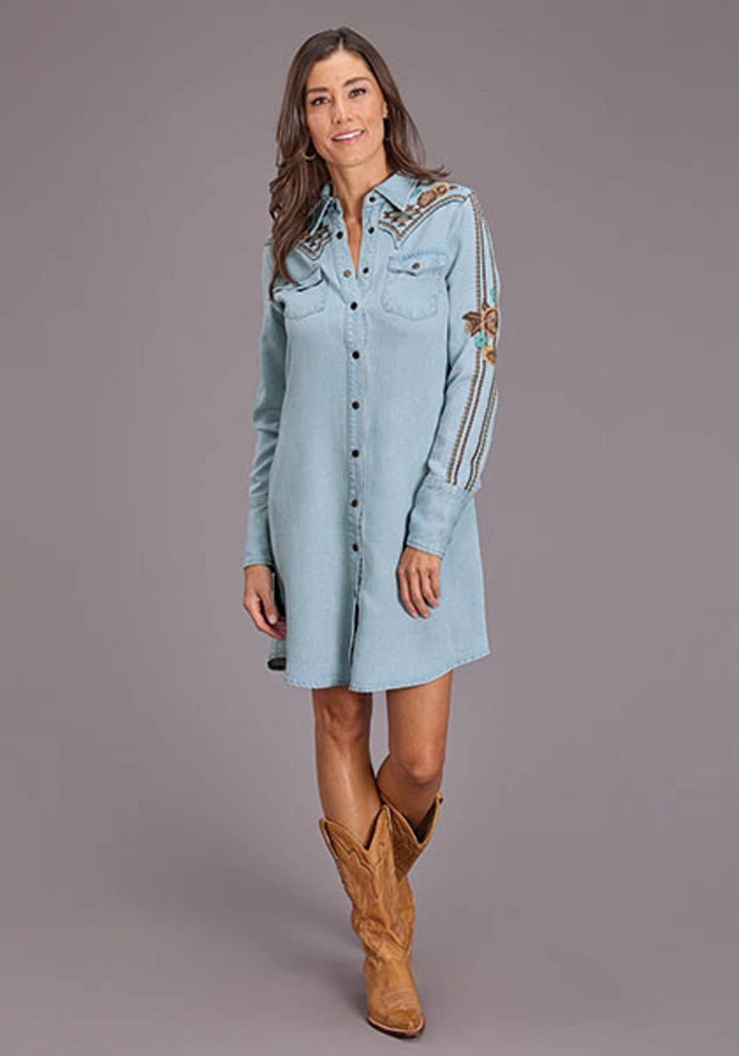 Soft and Smooth Formal Style Stetson Womens Southwestern Snap Button Blue Lyocell L/S Dress