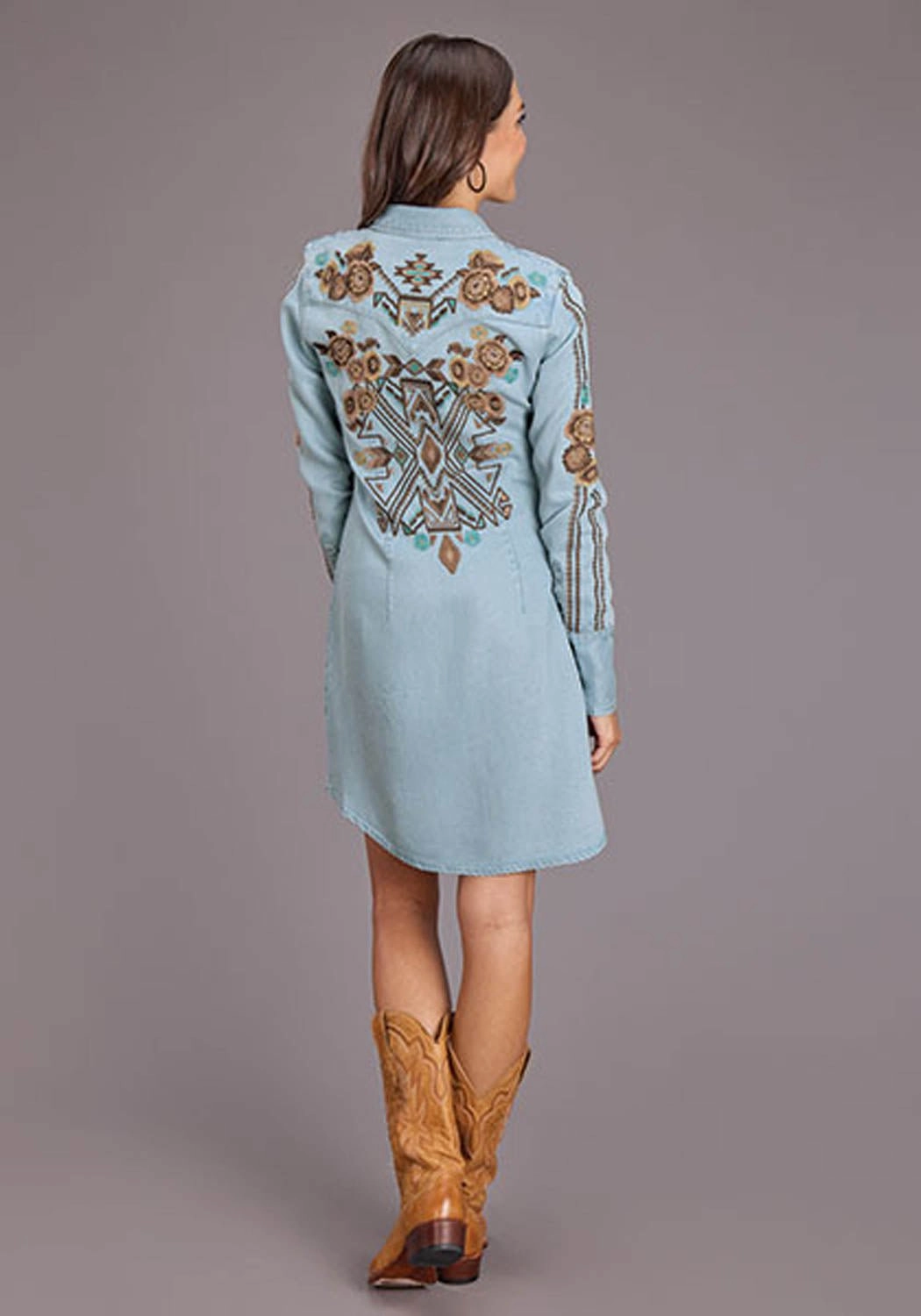 Stetson Womens Southwestern Snap Button Blue Lyocell L/S Dress Minimal Tone City Bright