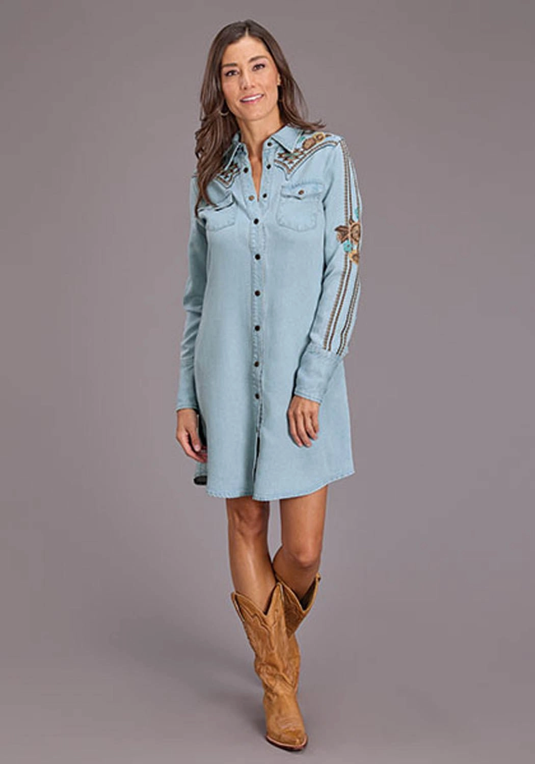 Ribbed Detailing Soft Touch Stetson Womens Southwestern Snap Button Blue Lyocell L/S Dress