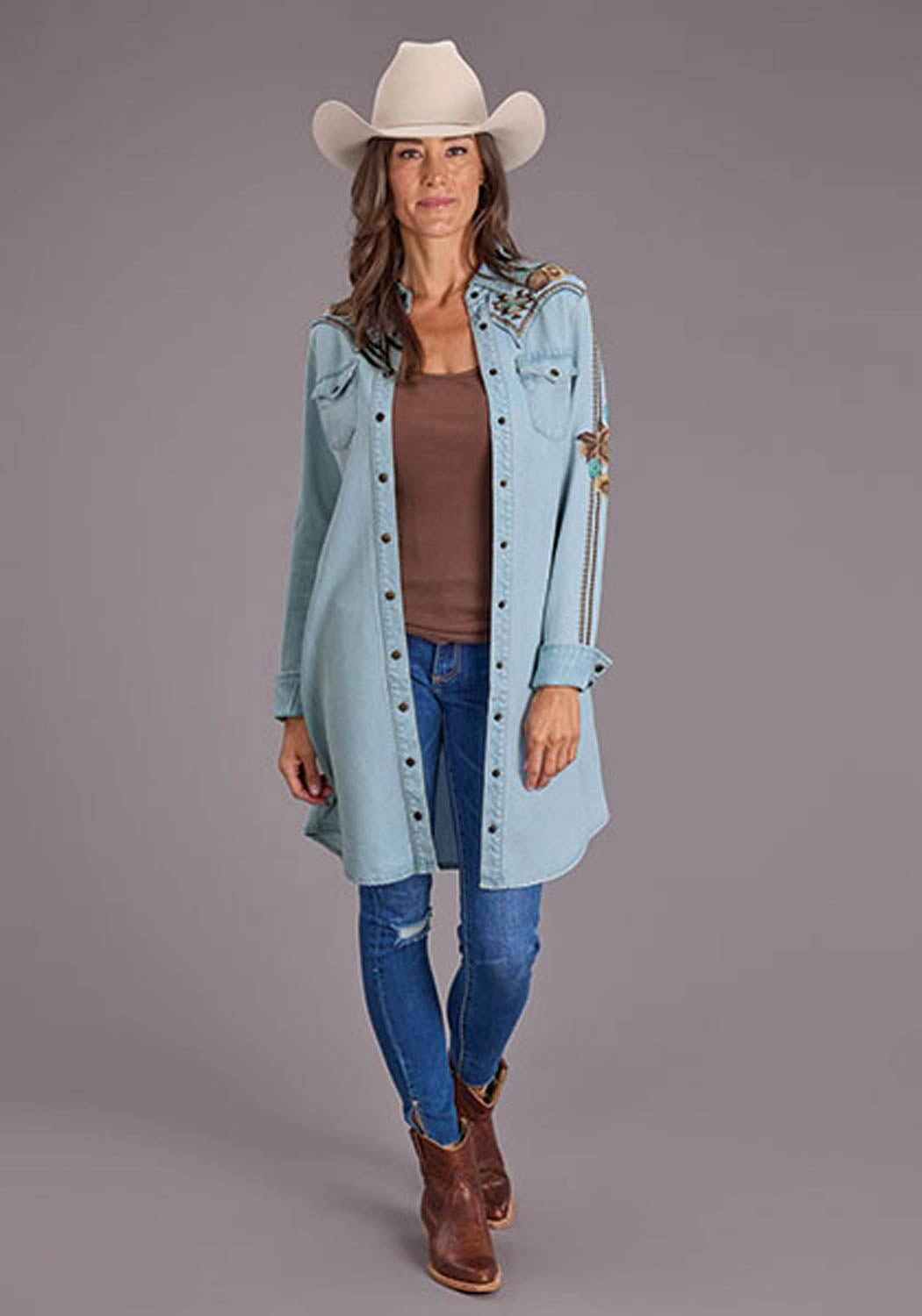 Stetson Womens Southwestern Snap Button Blue Lyocell L/S Dress Lightweight Stretch Fabric Evening Stroll