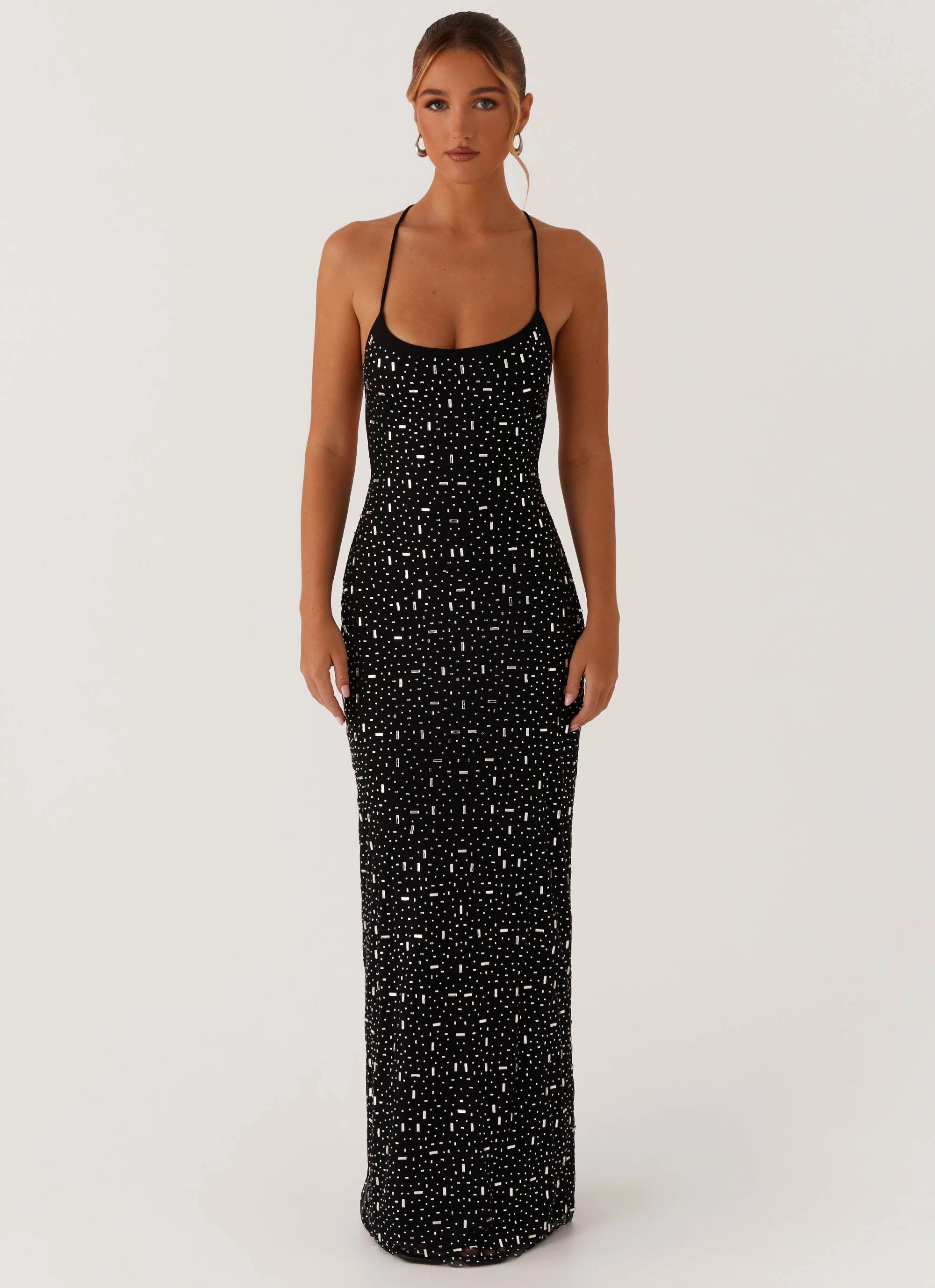 Cressida Rhinestone Mesh Maxi Dress - Black Checkered Style Fringe Detail