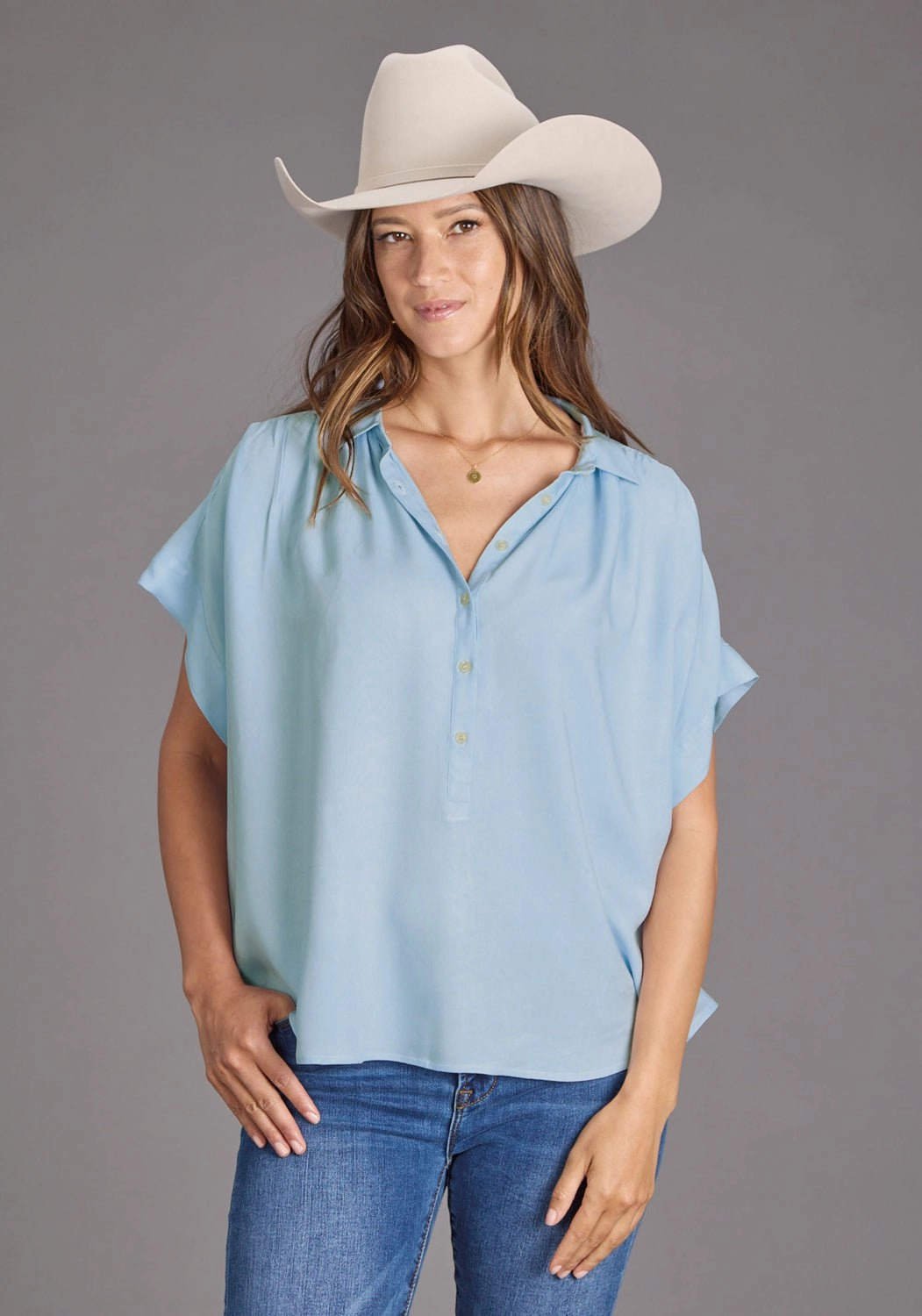 Contemporary Style Anniversary Celebration Stetson Womens 2437 1/2 Button Placket Powder Blue 100% Rayon S/S Blouse
