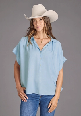 Affordable Fashion Stetson Womens 2437 1/2 Button Placket Powder Blue 100% Rayon S/S Blouse