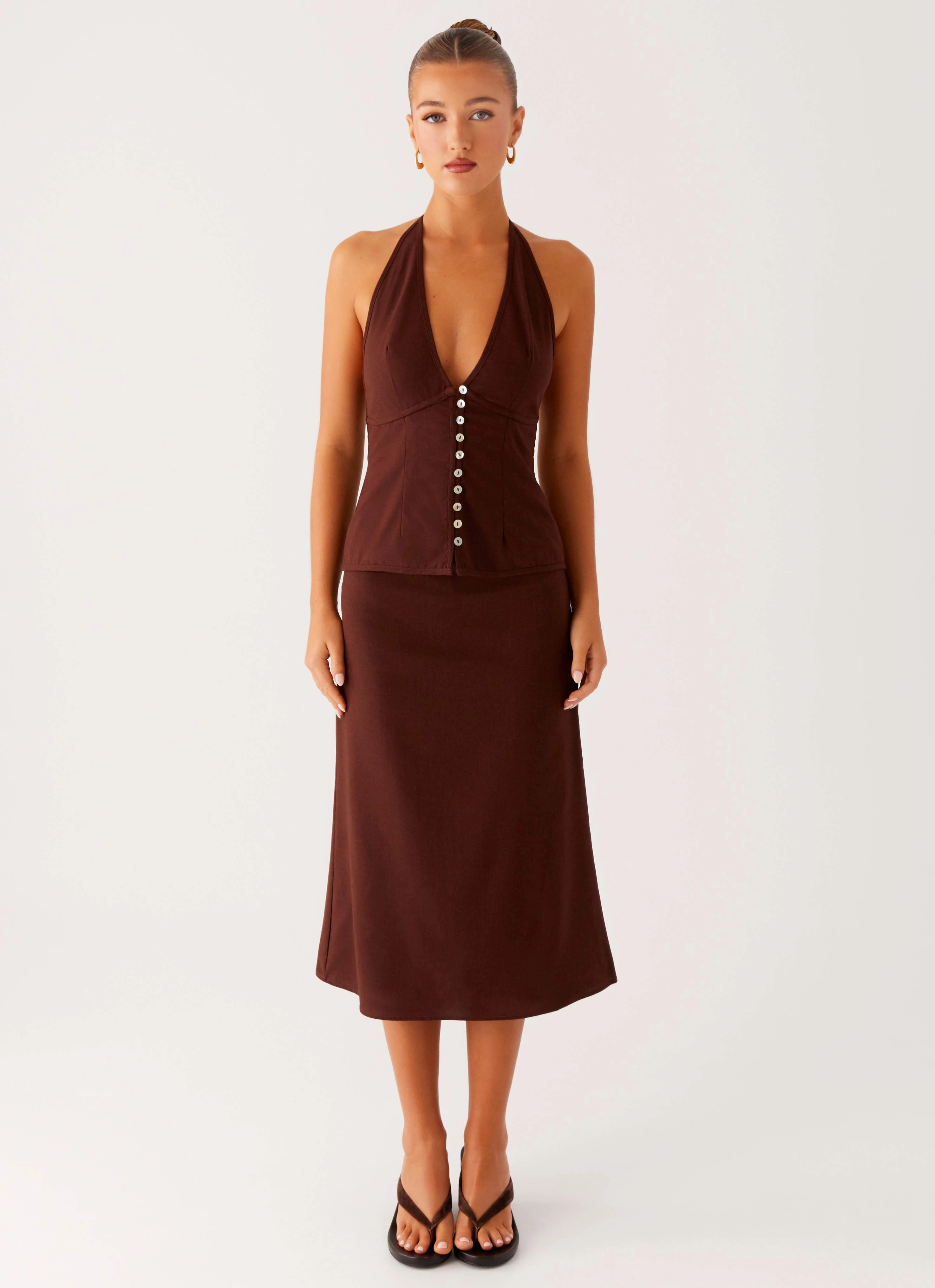 Side Pockets Soft Movement Esther Midi Skirt - Chocolate