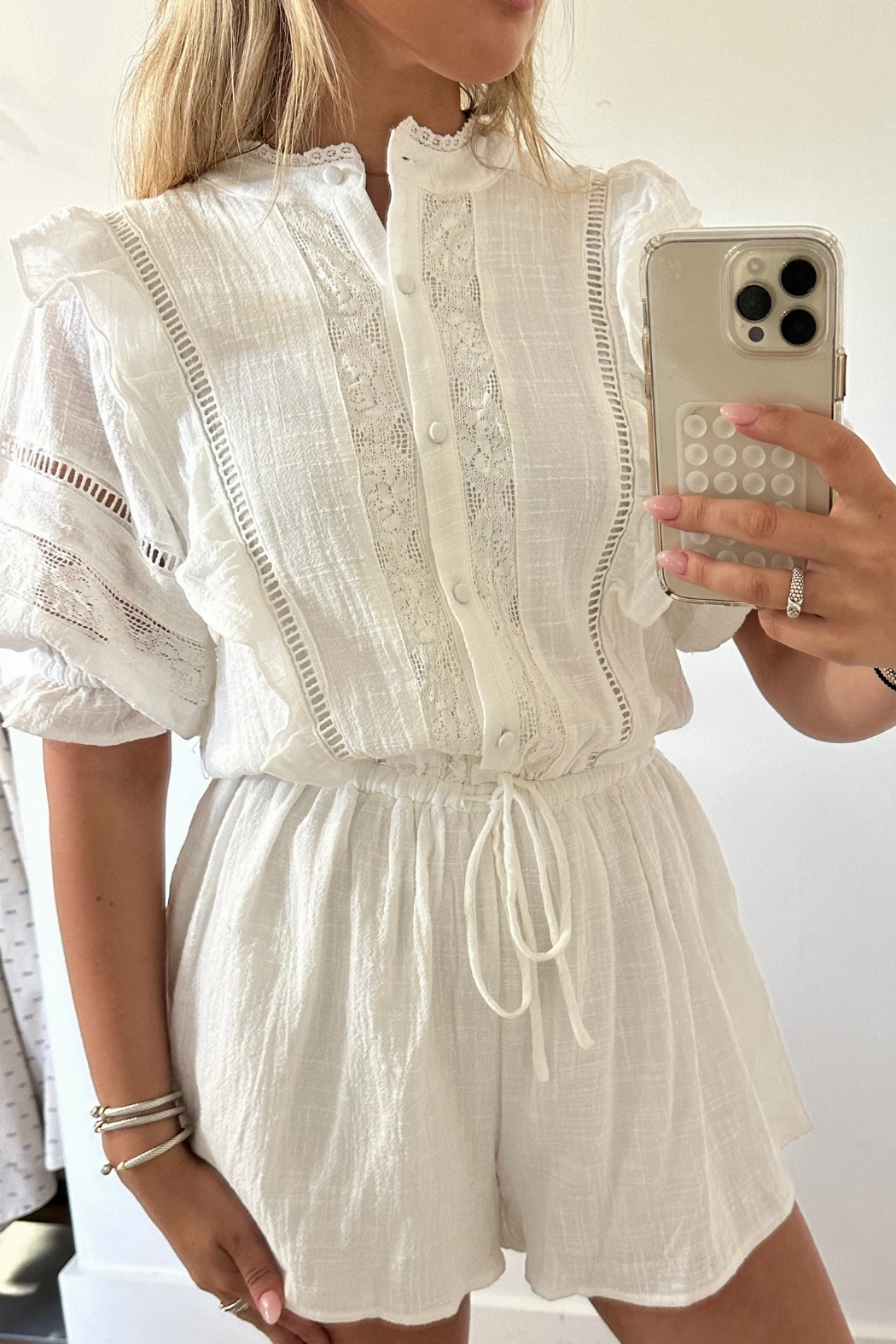 Ethereal Lace Ruffle Romper - White LowProfile Stitching