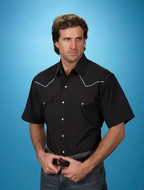 Ely & Walker Mens Solid Black Western Shirt S/S Poly/Cotton Structured Shoulder Support Designer Look