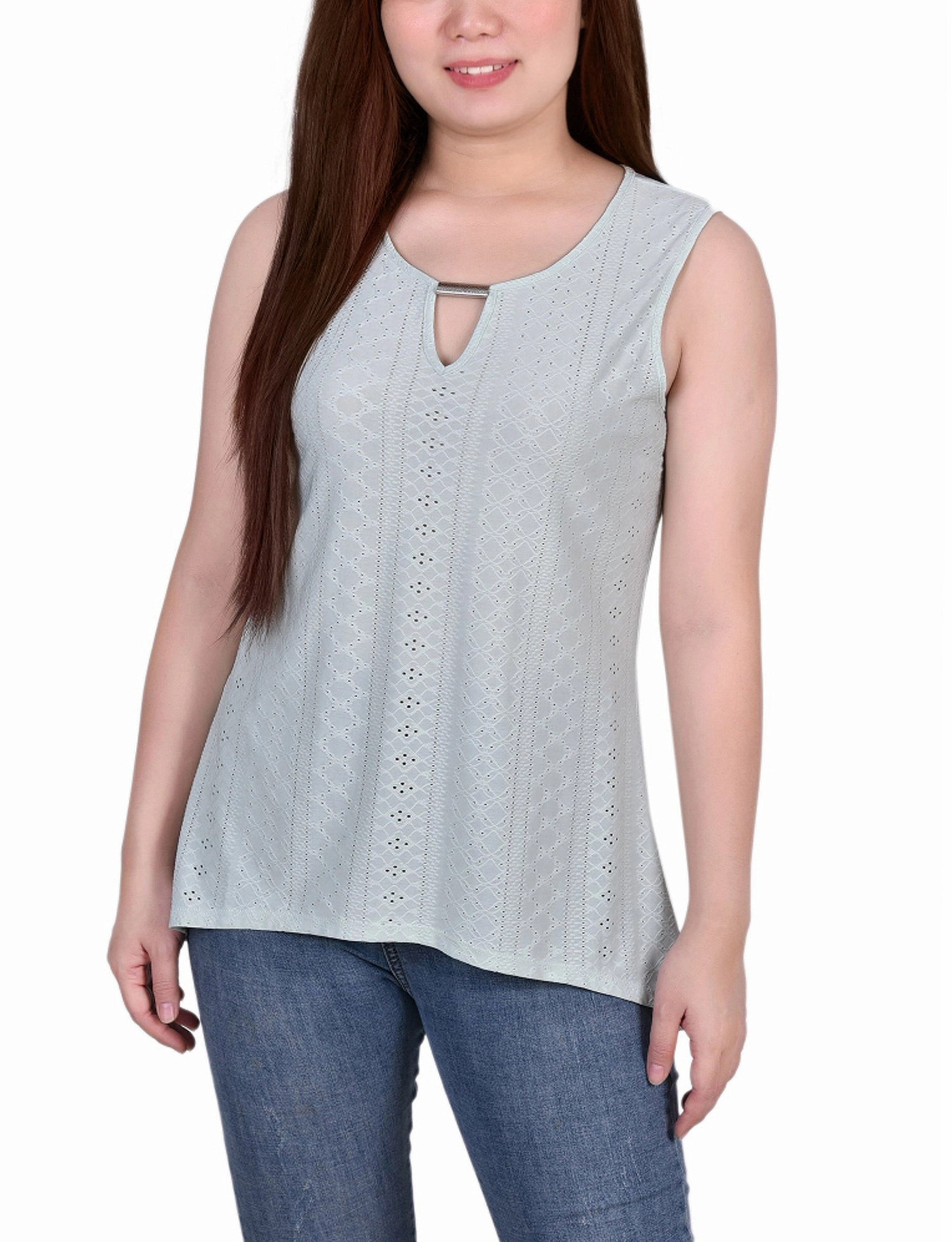 Airflow Mesh Panel Sleeveless Knit Eyelet Top With Hardware