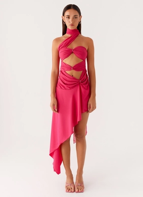Sheer Look Ruffle Detail Circa Scarf Midi Dress - Hot Pink