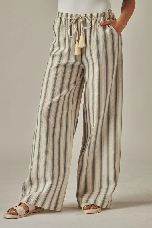 Everleigh Striped Relaxed Wide Leg Linen Pants Adjustable Closure Smooth zipper closure