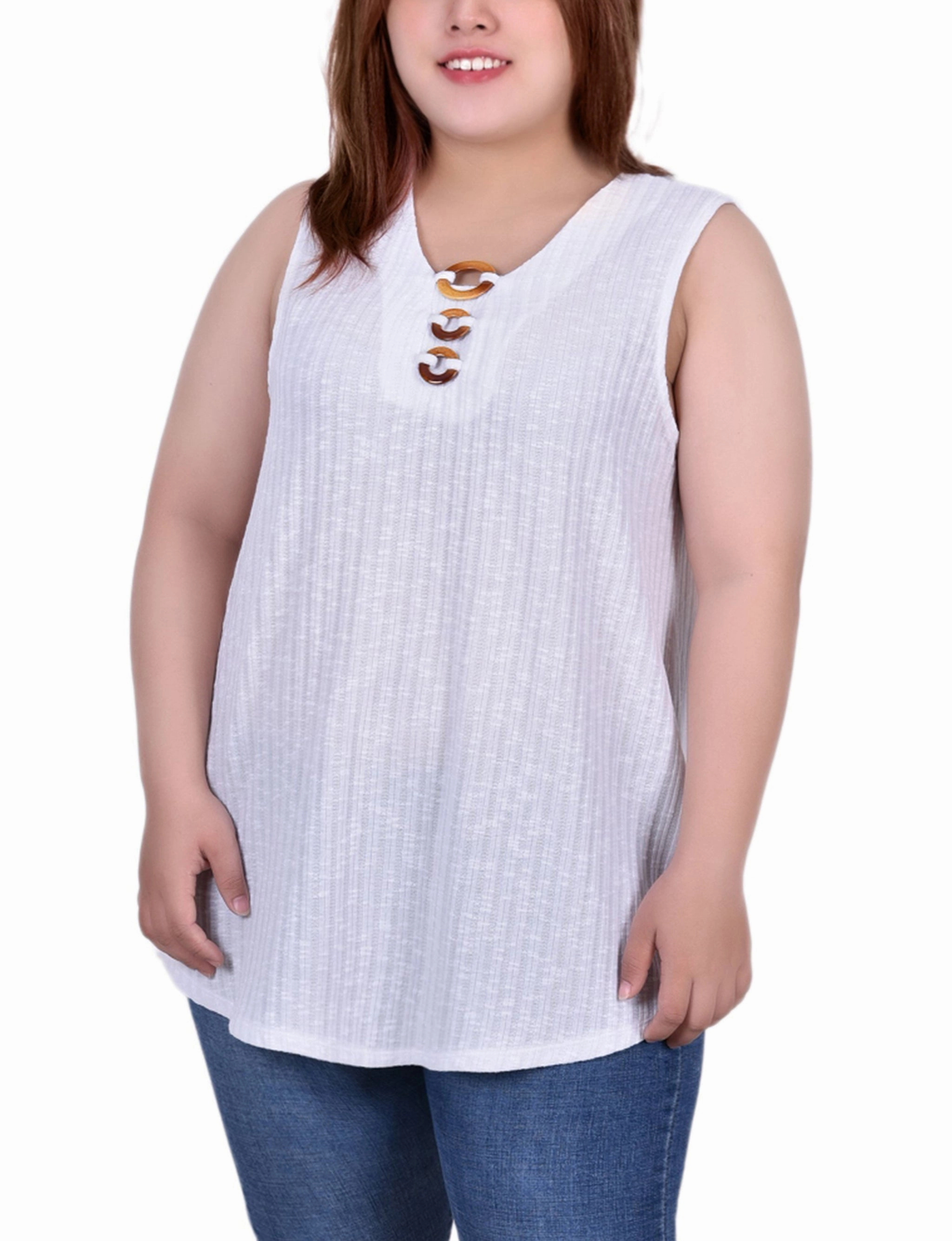 Ribbed Collar Design Plus Size Sleeveless Ribbed Top With Triple Rings