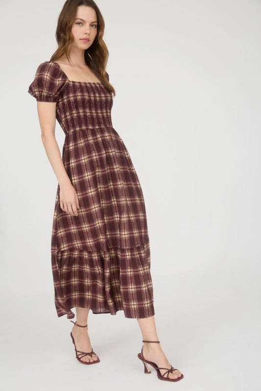 Fashionable Layer Travel Fit Vickie Plaid Smocked Puff Sleeve Ruffle Hem Midi Dress