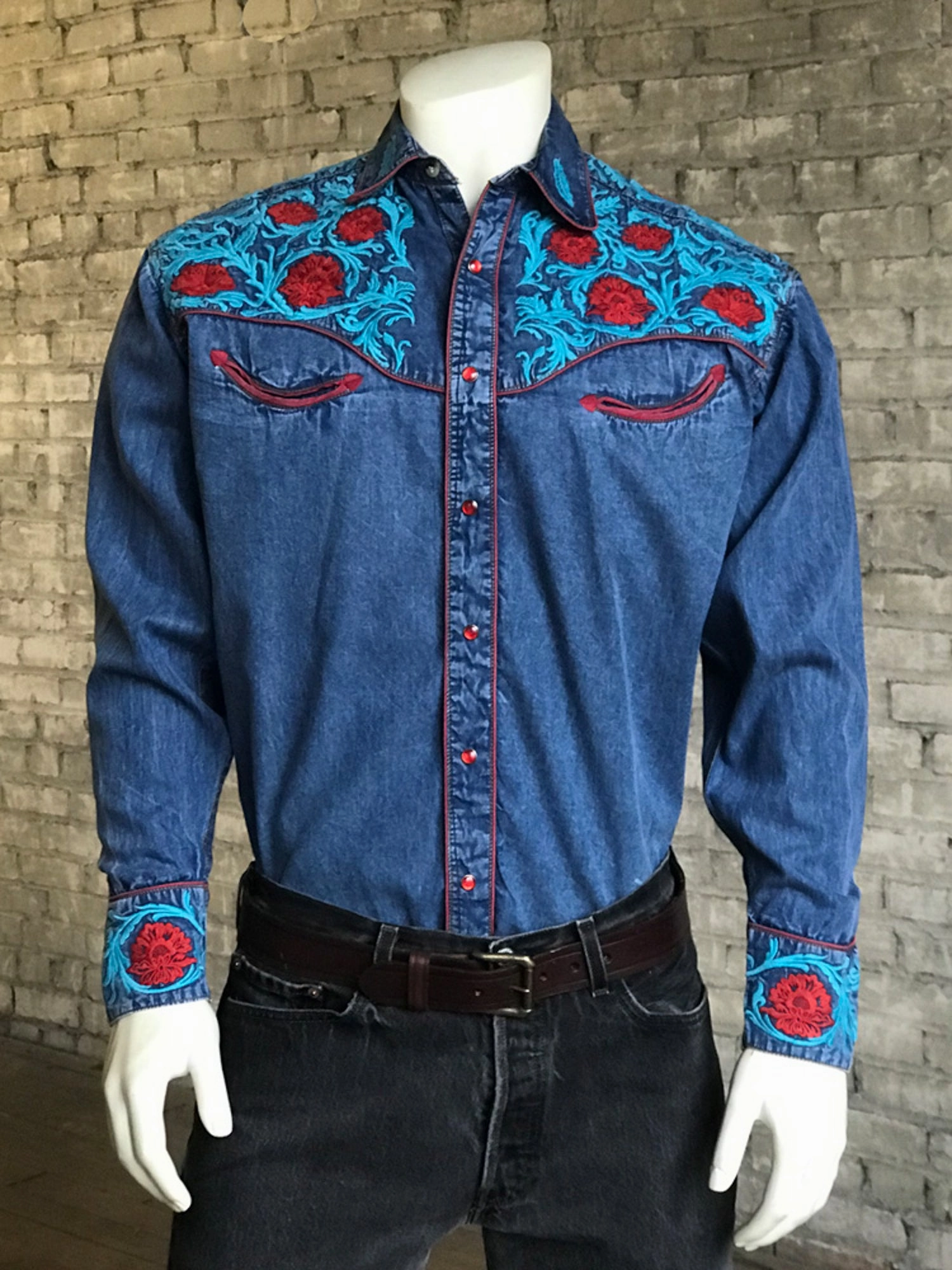 Rockmount Mens Denim 100% Cotton Red Floral Turquoise Western L/S Shirt All-Weather Ready Weekend Adventure