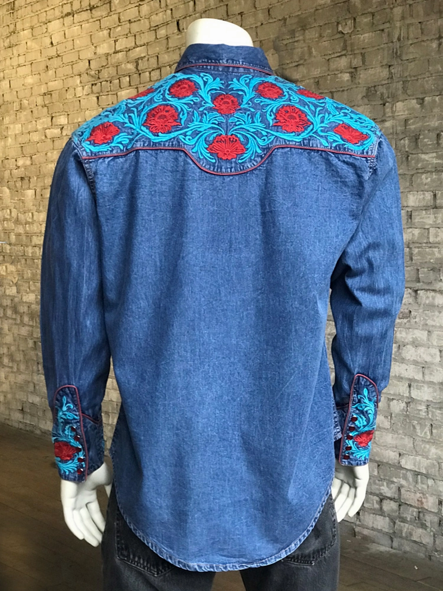 Rooftop Bar Fall Fashion Rockmount Mens Denim 100% Cotton Red Floral Turquoise Western L/S Shirt