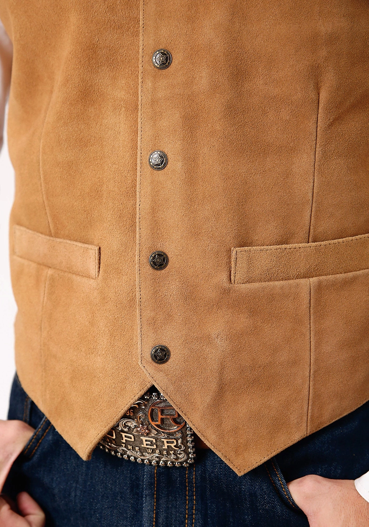 High End Look Classic Fit Cut Roper Mens Antique Brass Front Yokes Light Sand Suede Leather Vest