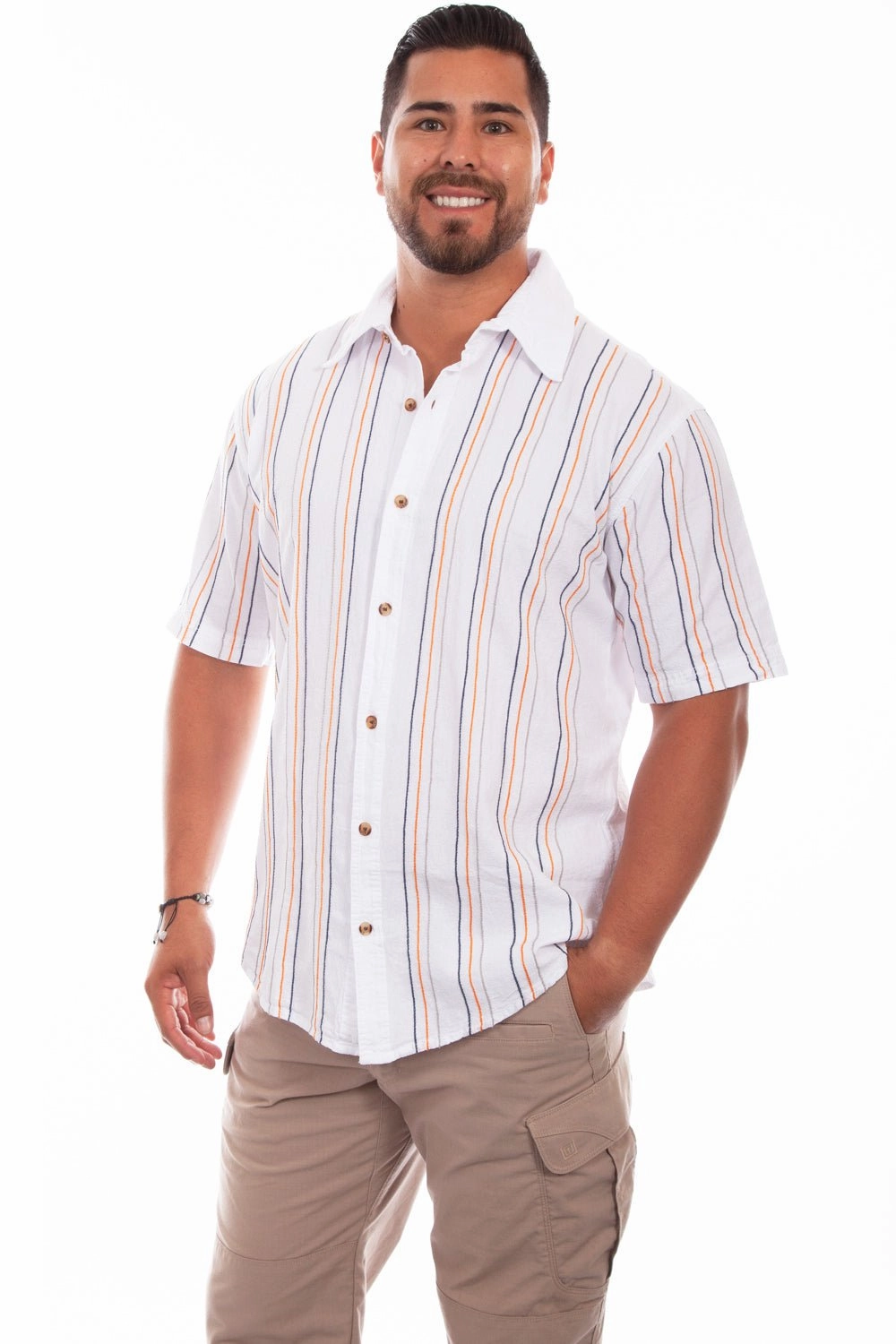 Solid Hue Timeless Classic Scully Mens White 100% Cotton Quartz Stripe S/S Shirt