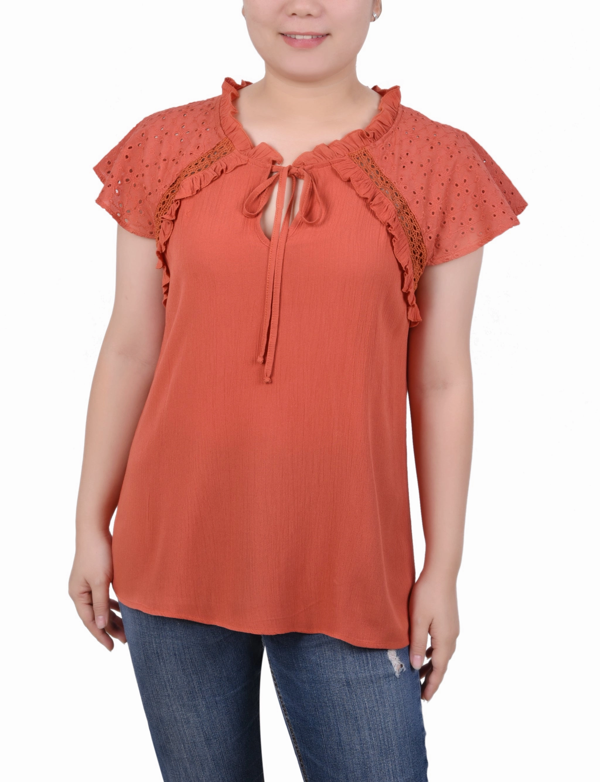 Sporty T-shirt YarnDyeStripe Eyelet Sleeve Blouse