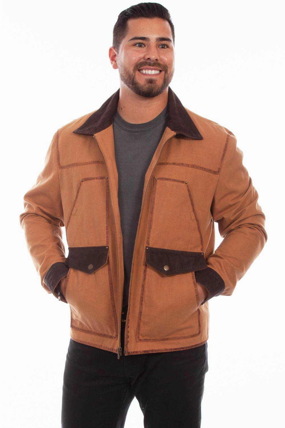 Scully Mens Easy-Fit Casual Tan Canvas/Leather Cotton Jacket Simple Layers