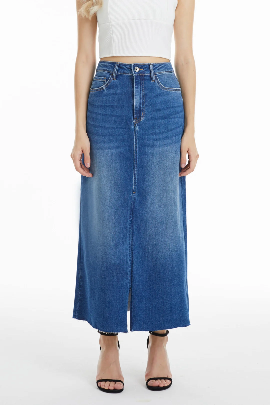 Rubberized Hem Denim Midi Skirt