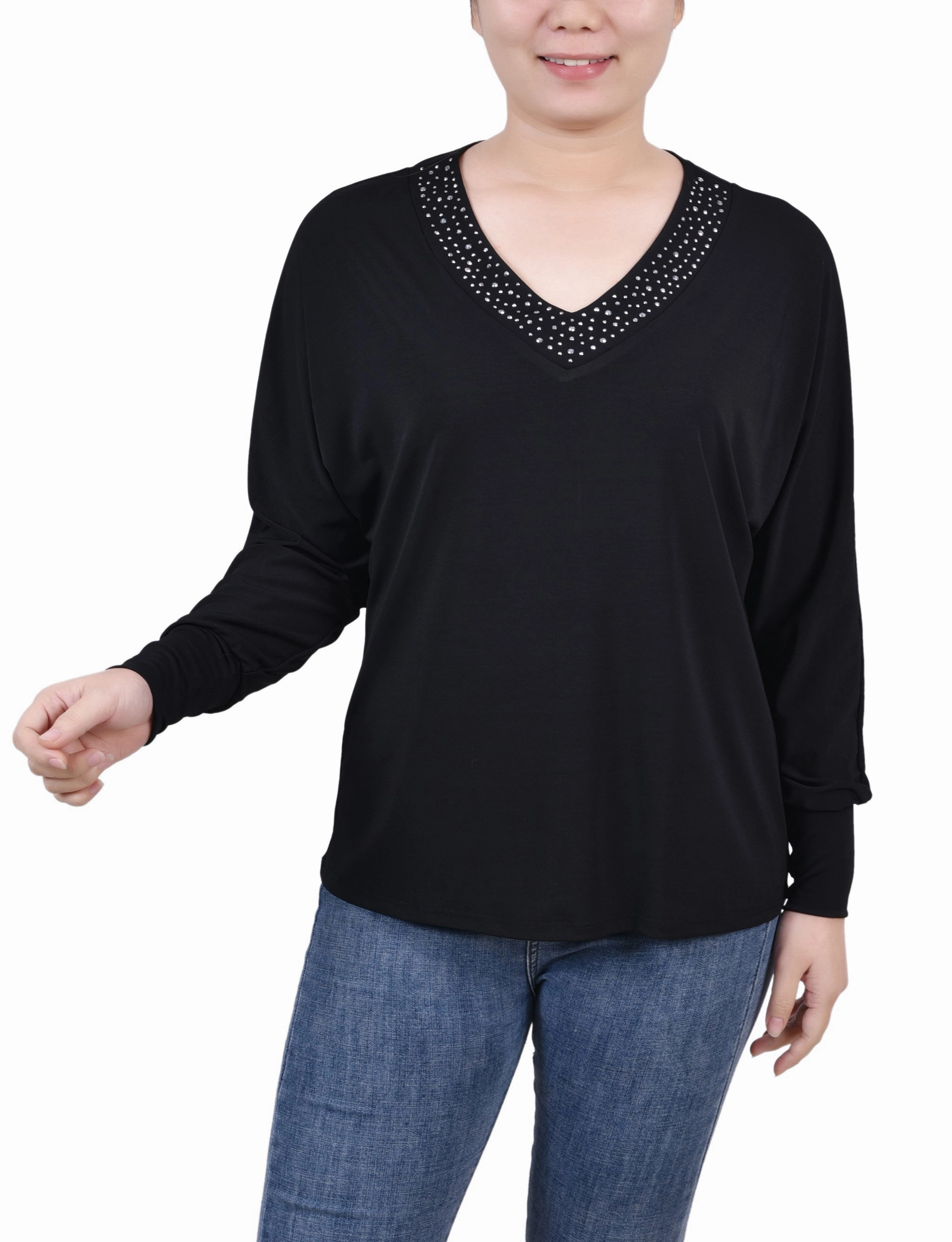 Petite Long Sleeve Studded Top All Purpose Casual Cut