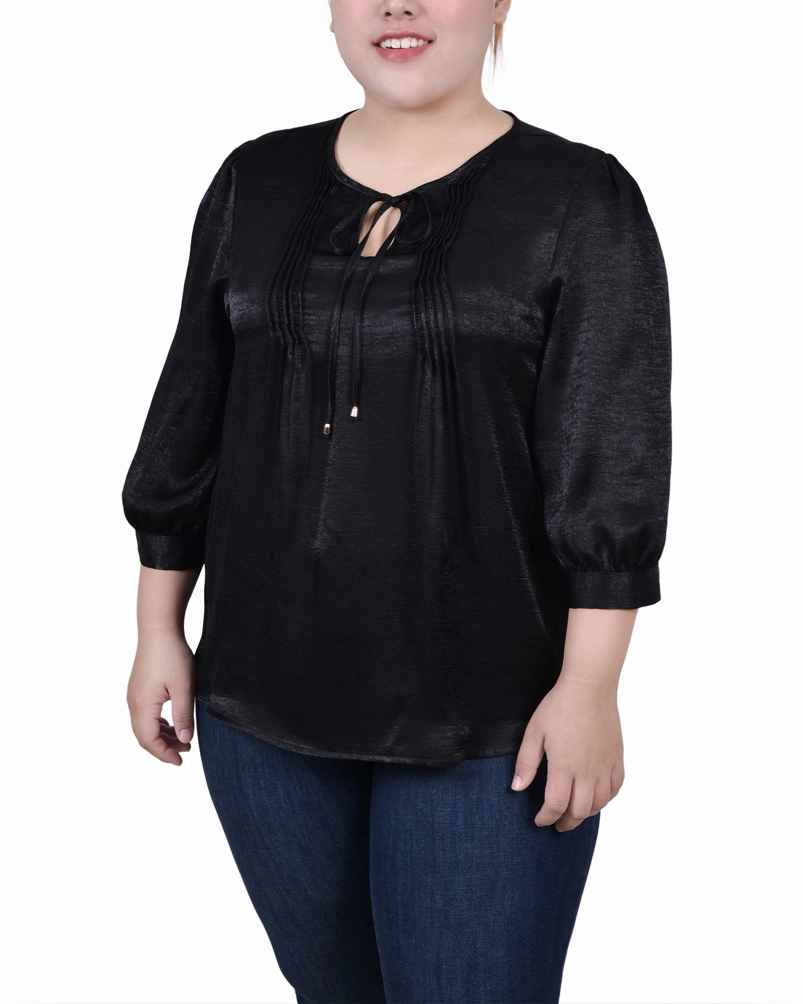 Plus Size Elbow Sleeve Satin Blouse Stretchable Neckline Layered Shoulder