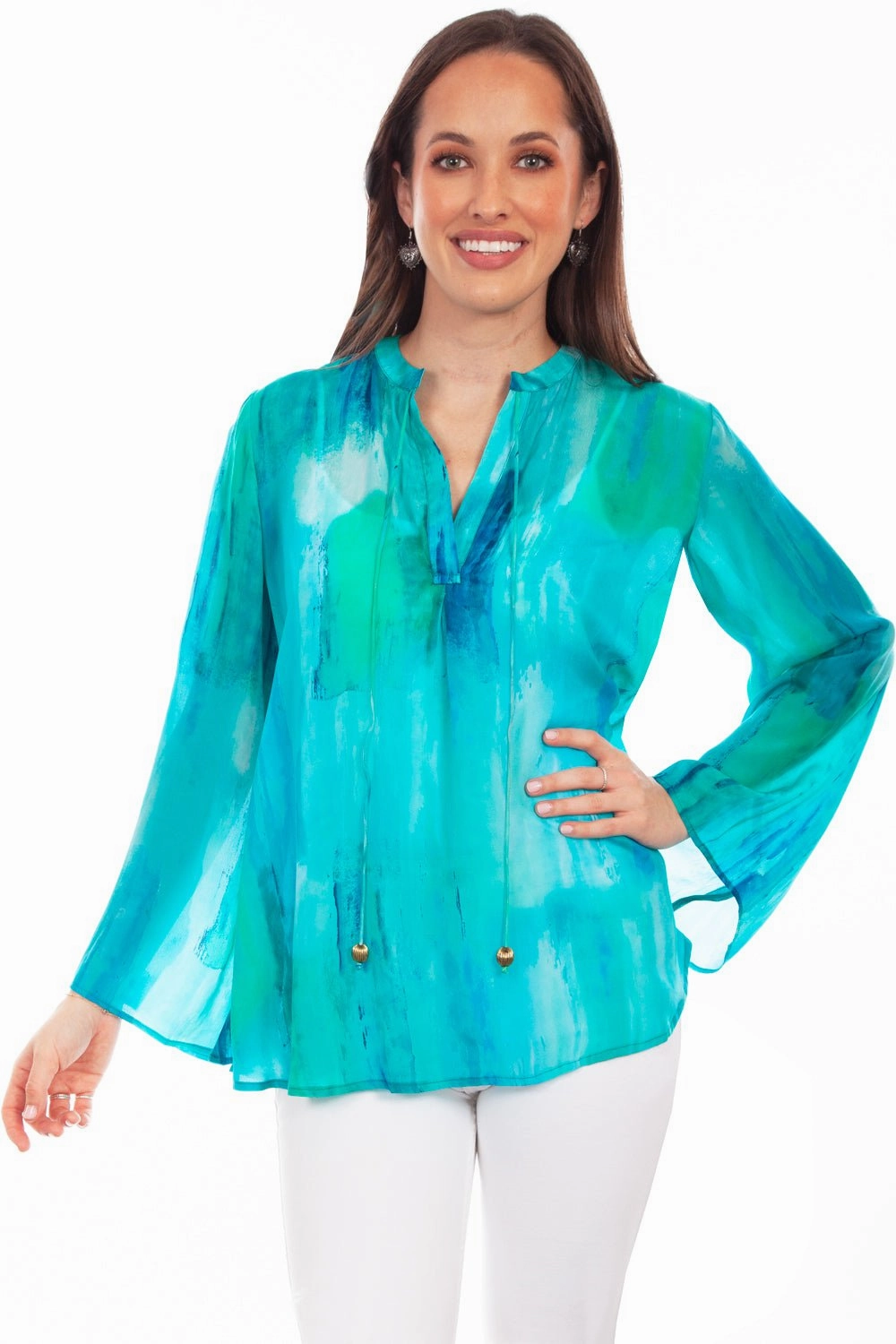 Scully Womens Artful Tie-Dye Aqua Rayon L/S Blouse Classic Look Durable Fabric