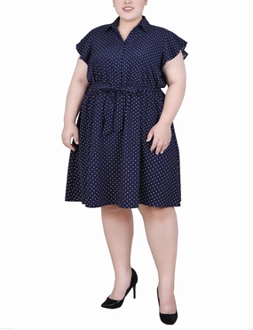 Plus Size Flutter Sleeve Belted Dress Pose Glow Comfort Look