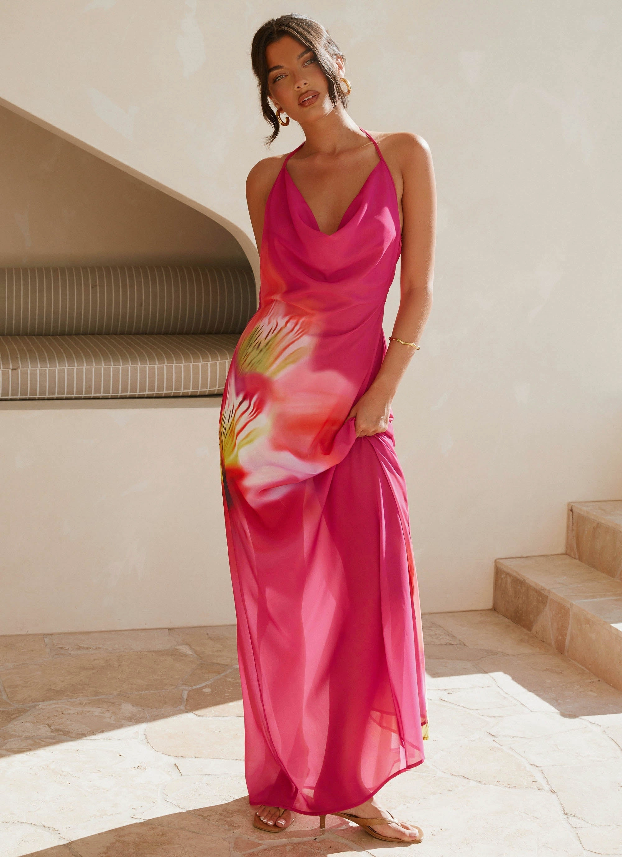 Cap-Sleeve Fantasy Maxi Dress - Pink Tropical