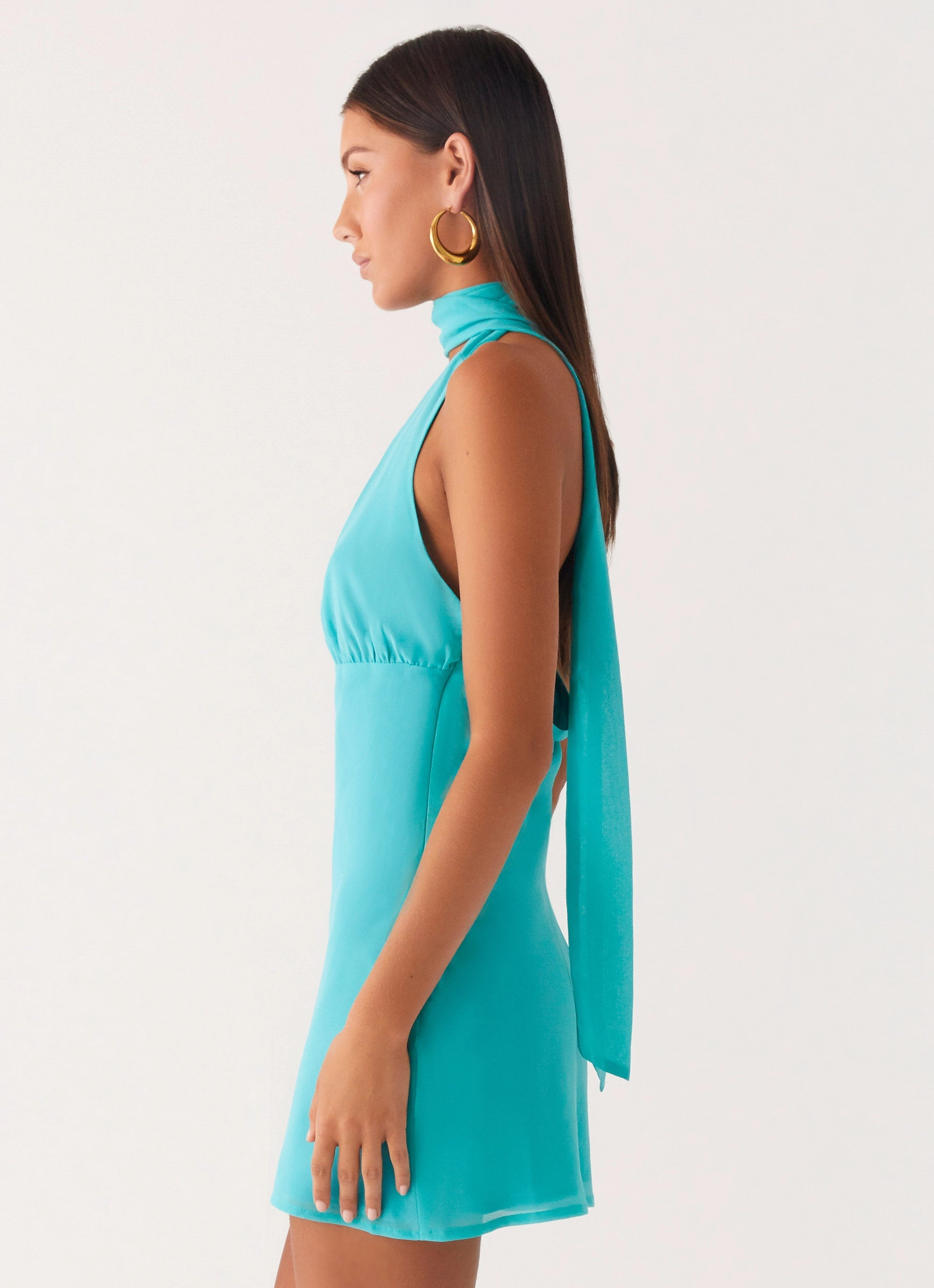 Melisande Scarf Neck Mini Dress - Aqua Blue Designer Inspired