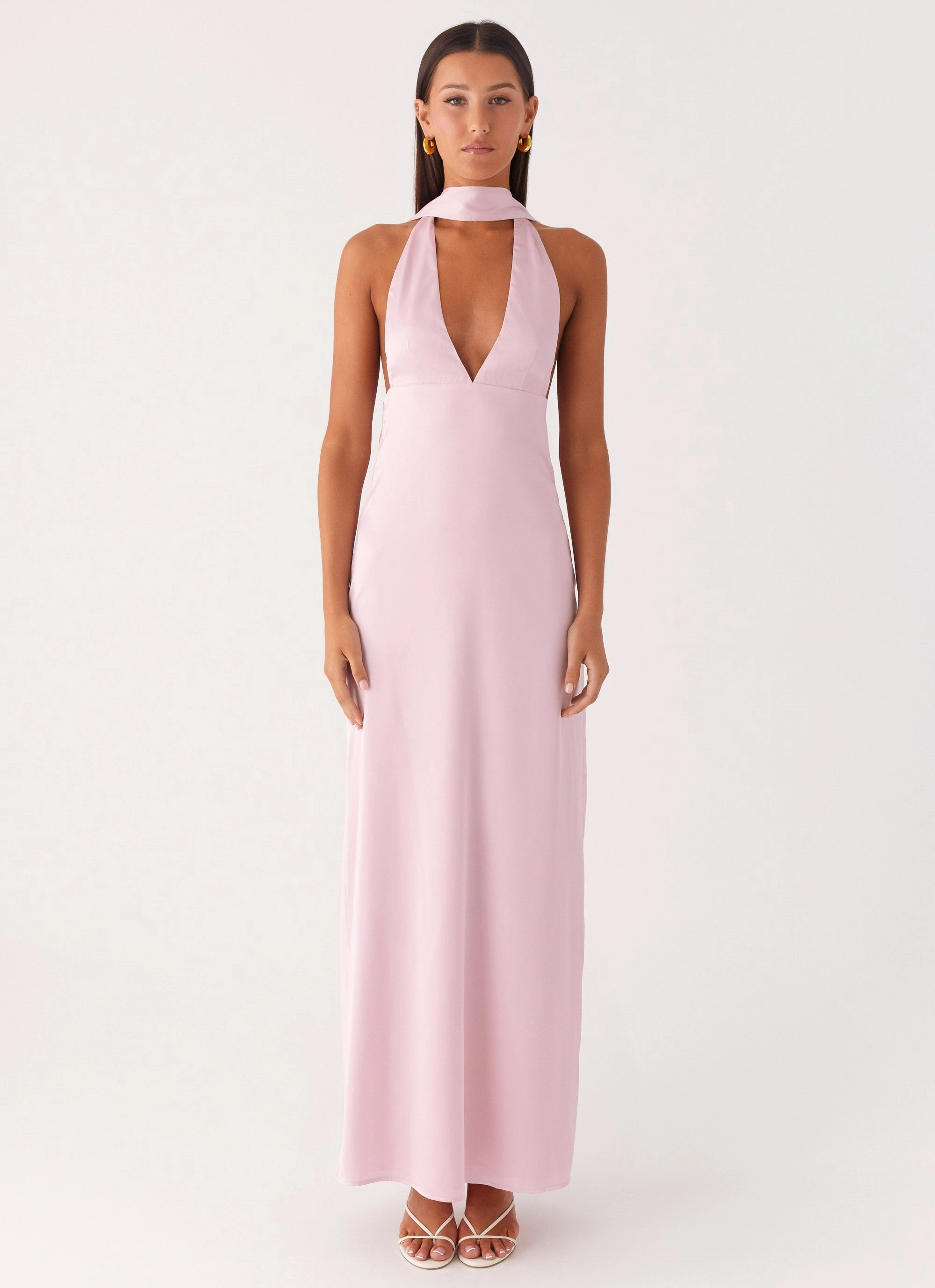 Insulated Winter Wear Knee Length Alicia Satin Halter Maxi Dress - Baby Pink