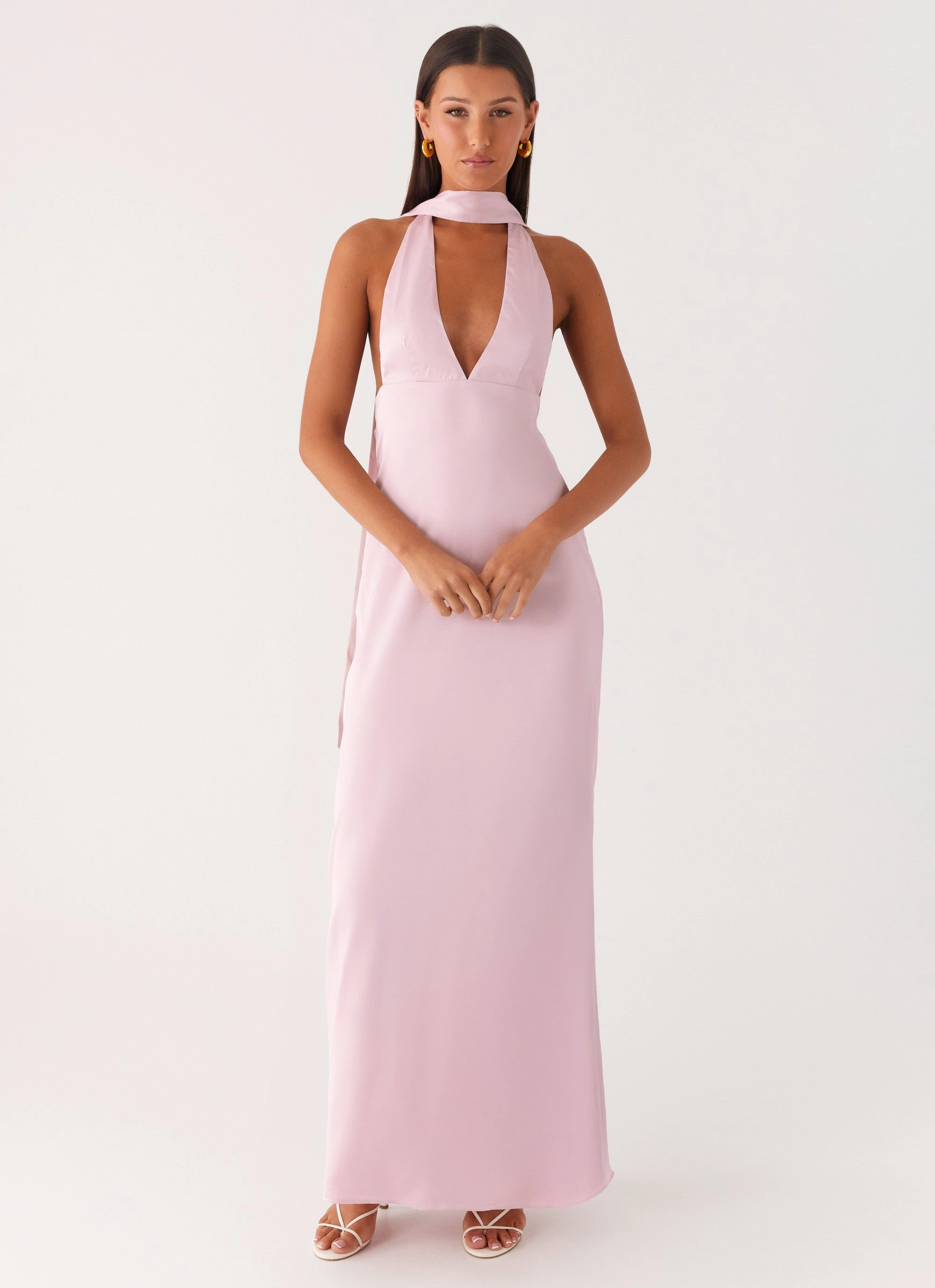 Alicia Satin Halter Maxi Dress - Baby Pink Functional Jacket Glossy Finish