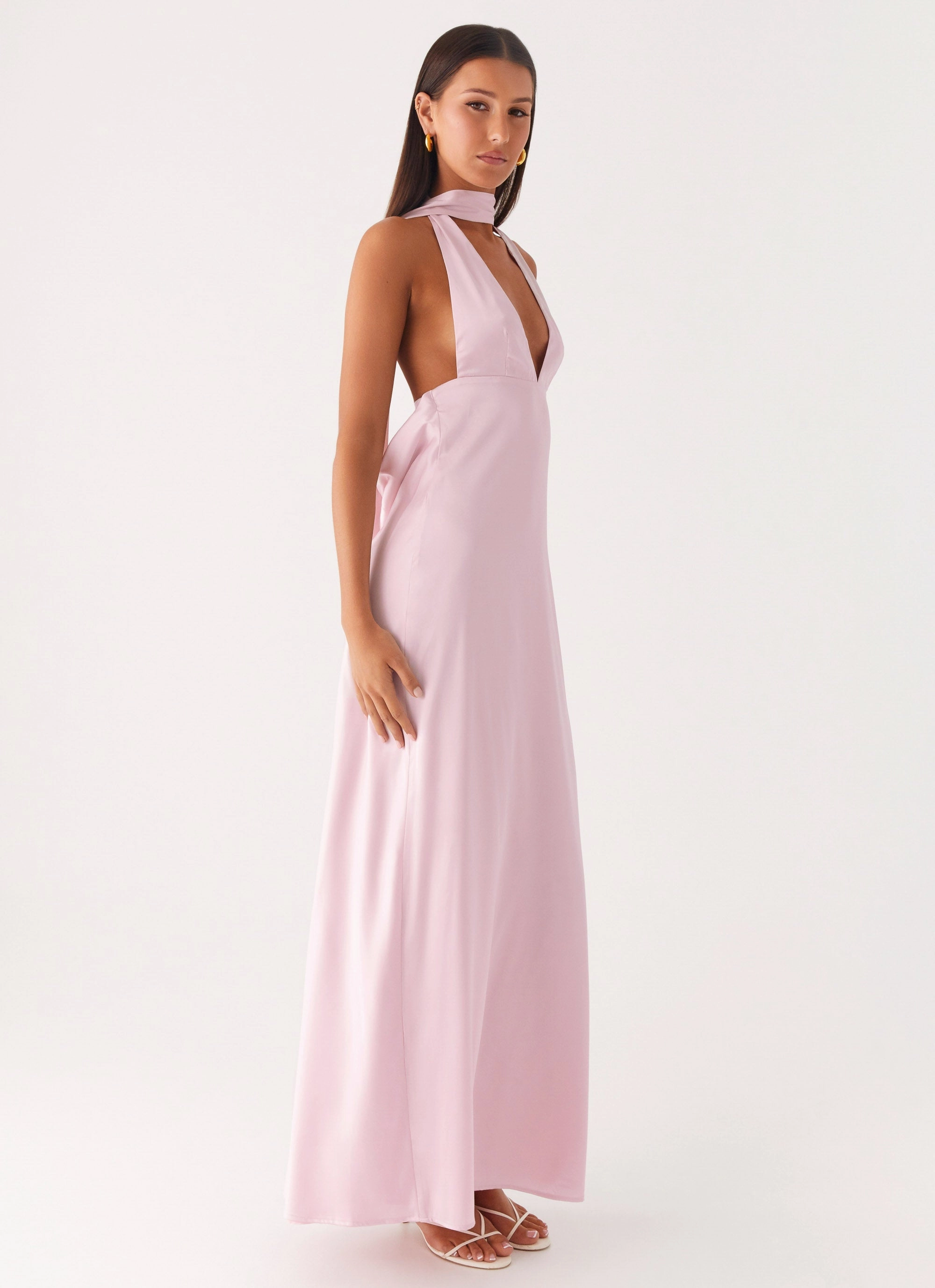 Alicia Satin Halter Maxi Dress - Baby Pink Down Filled