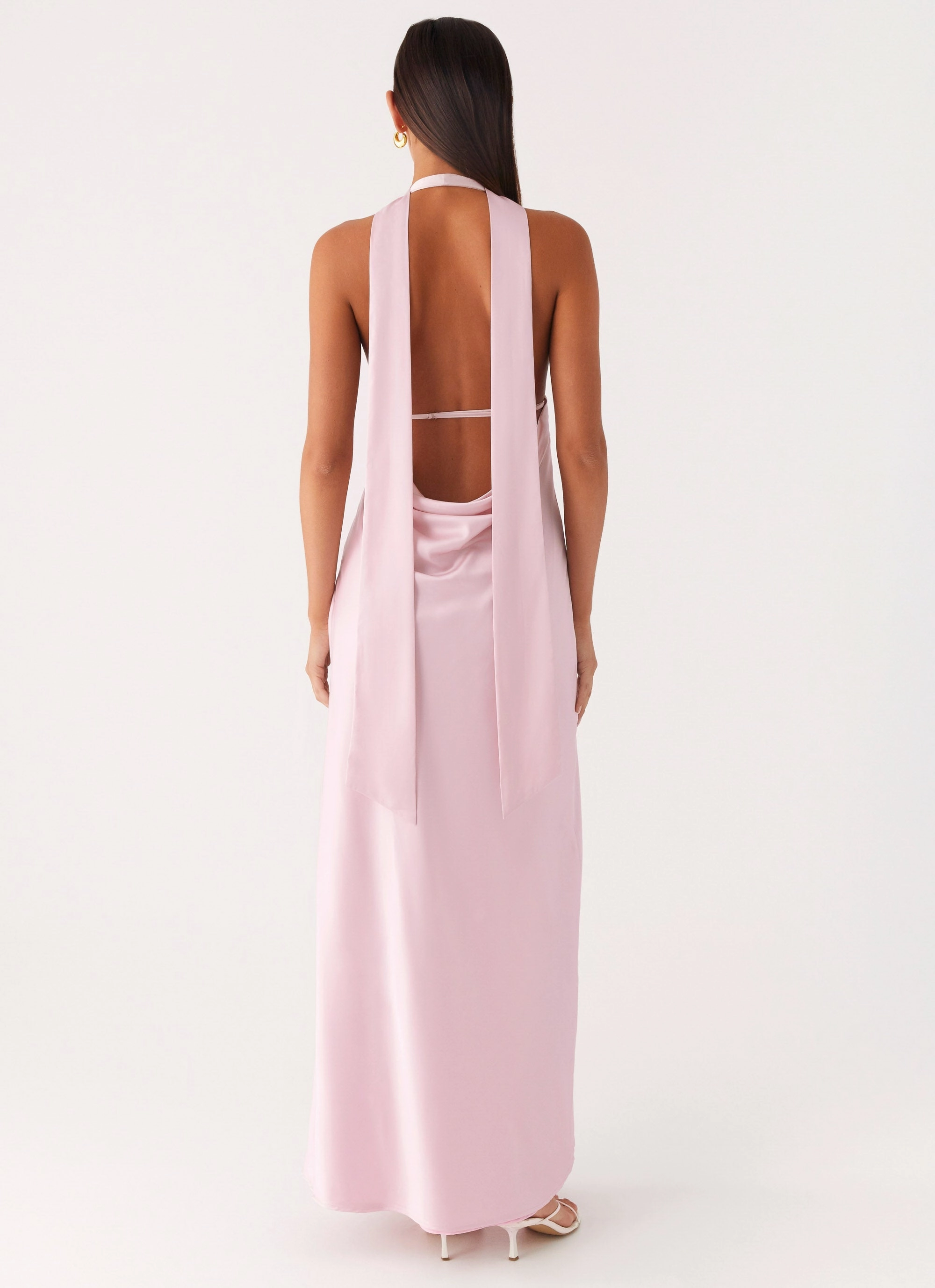 Alicia Satin Halter Maxi Dress - Baby Pink Monochrome Look