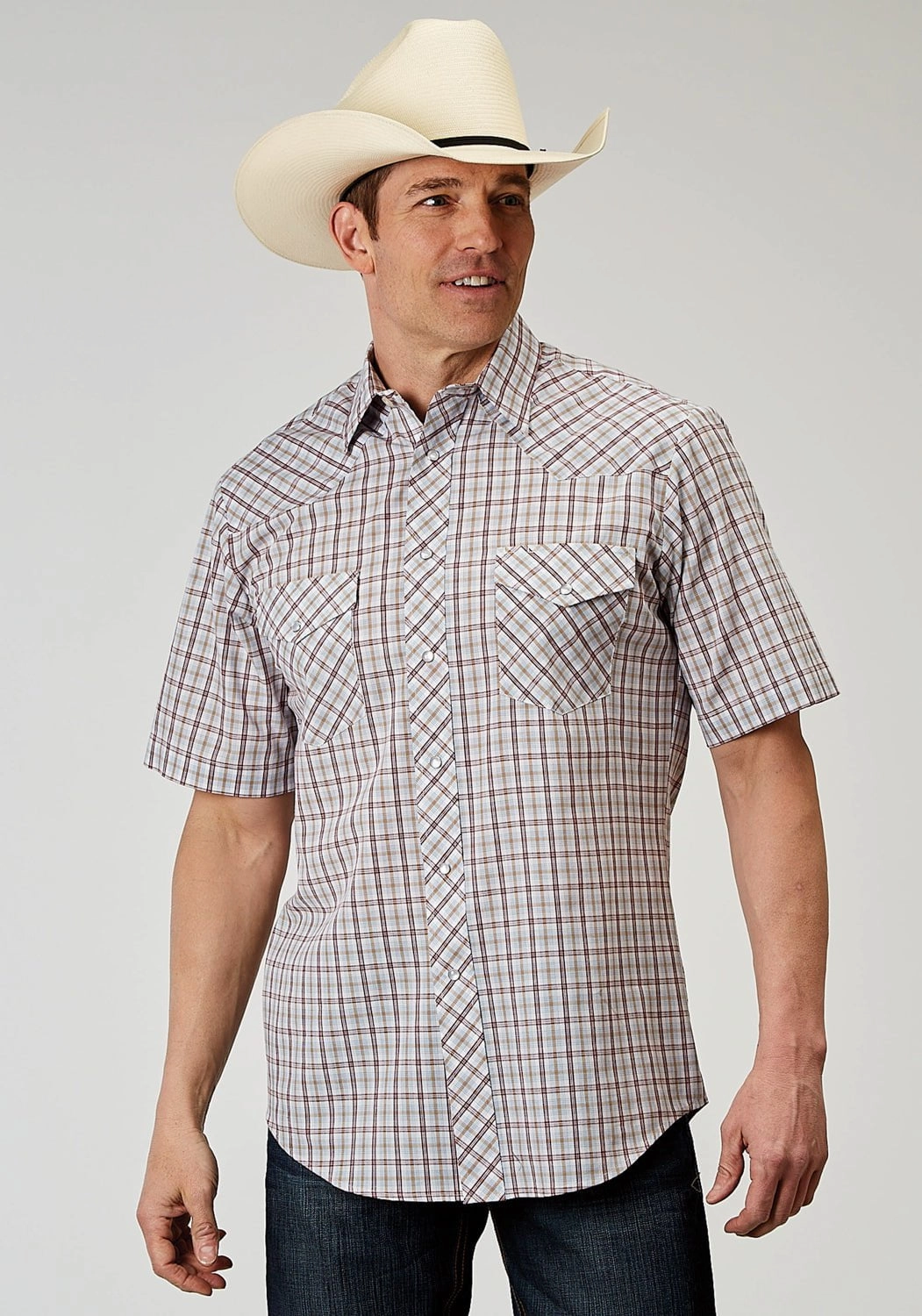 Roper Mens Tall Vintage Plaid White Cotton Blend S/S Shirt Versatile Layering Piece