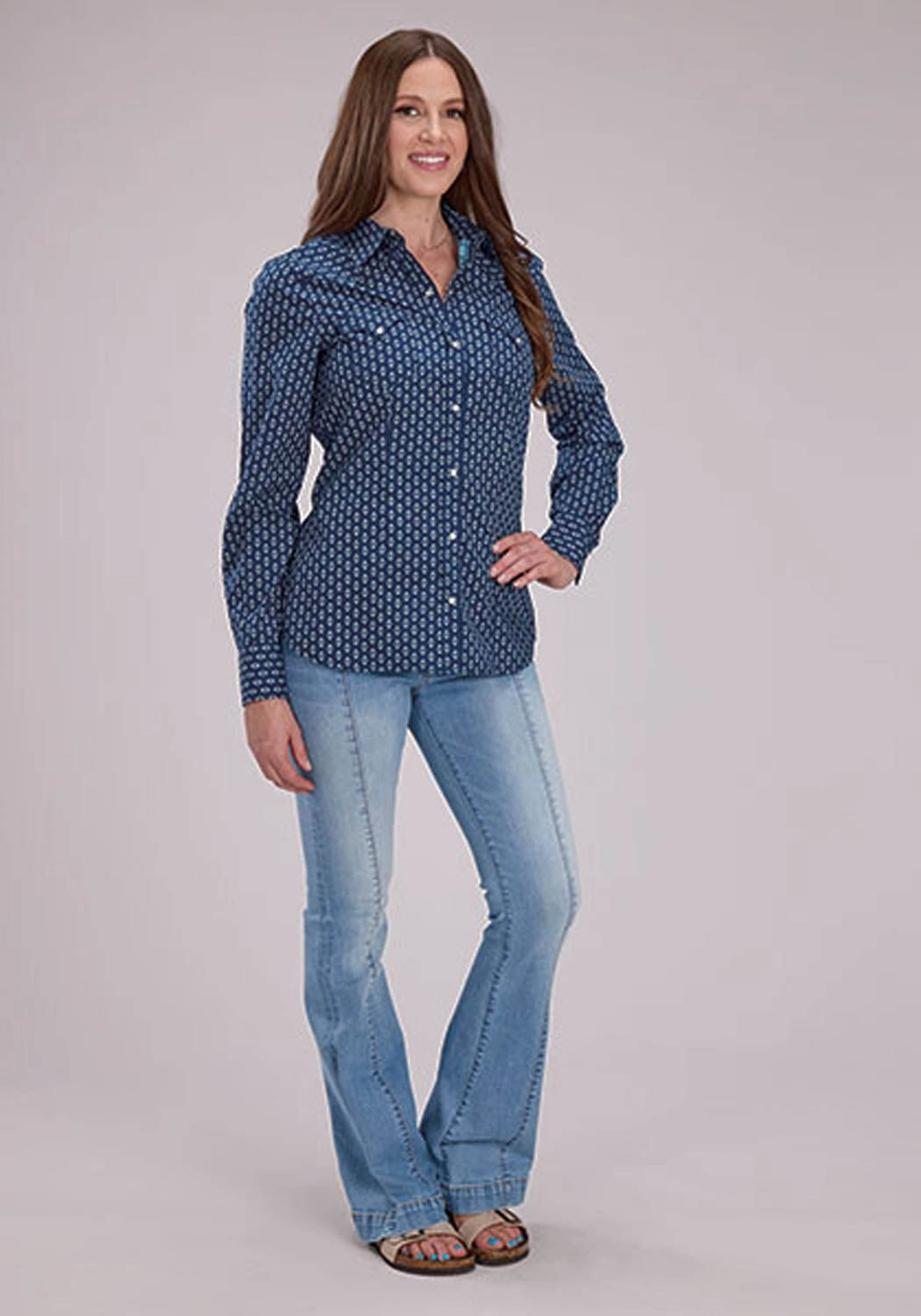 Winter Layering Flex Fit Collar Roper Womens Drybrush Diamonds Blue 100% Cotton L/S Shirt