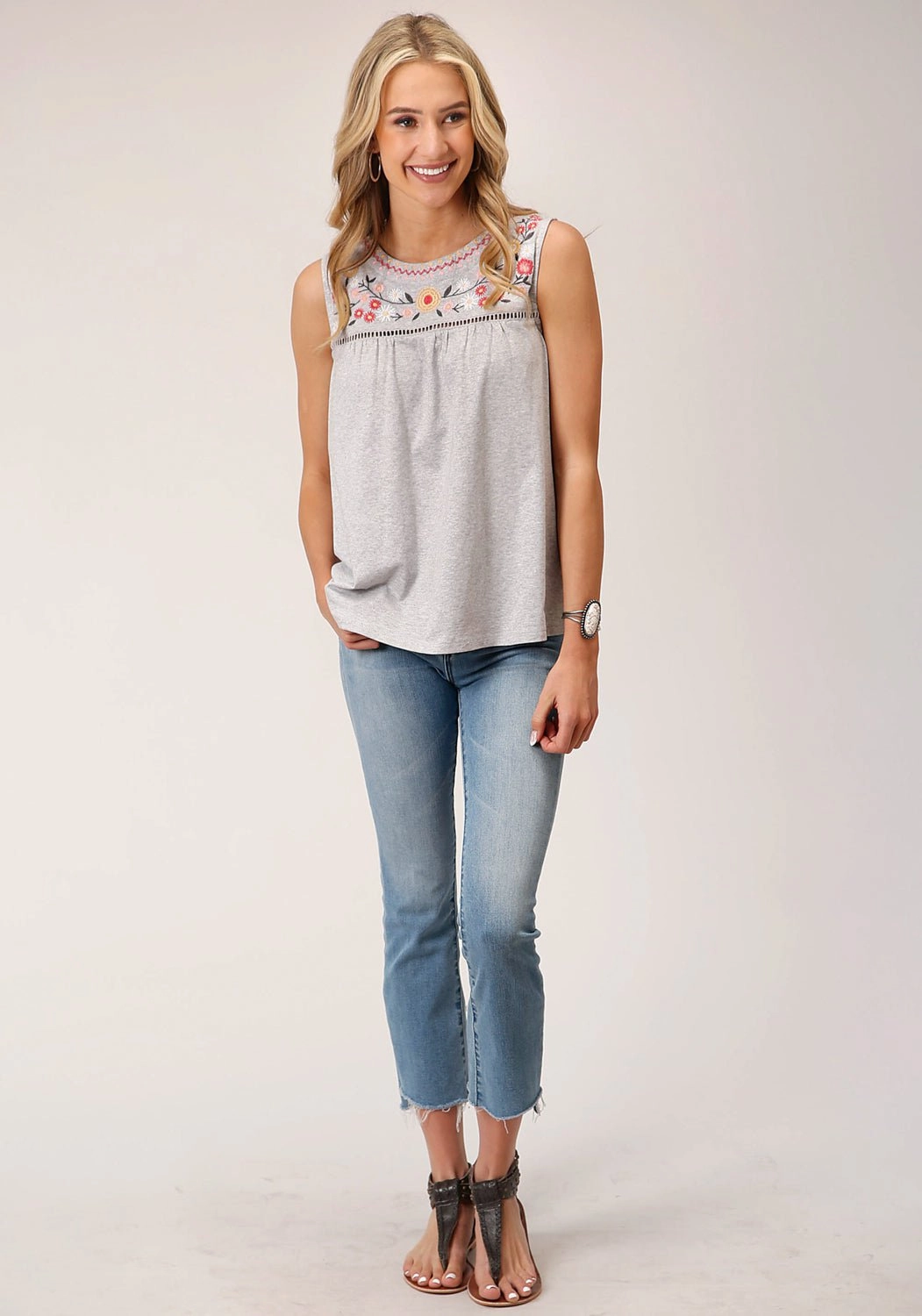 Roper Womens Grey 100% Cotton S/L Blouse Wrinkle Resistant Finish Floral Motif