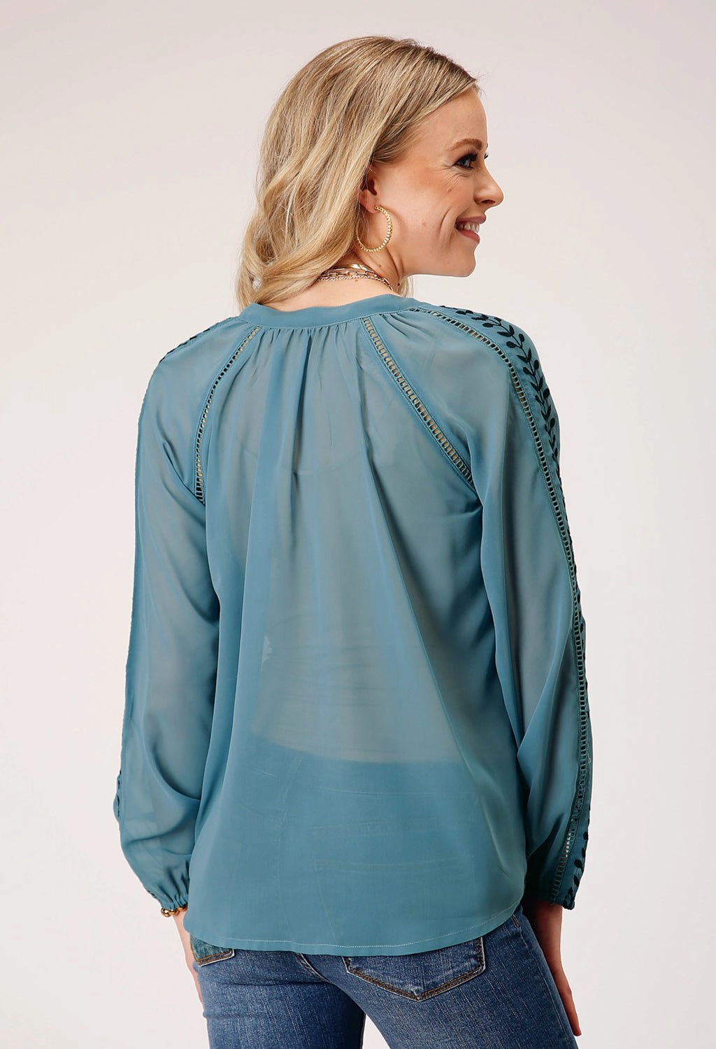 Roper Womens Sheer Floral Blue 100% Polyester L/S Tunic High Neck