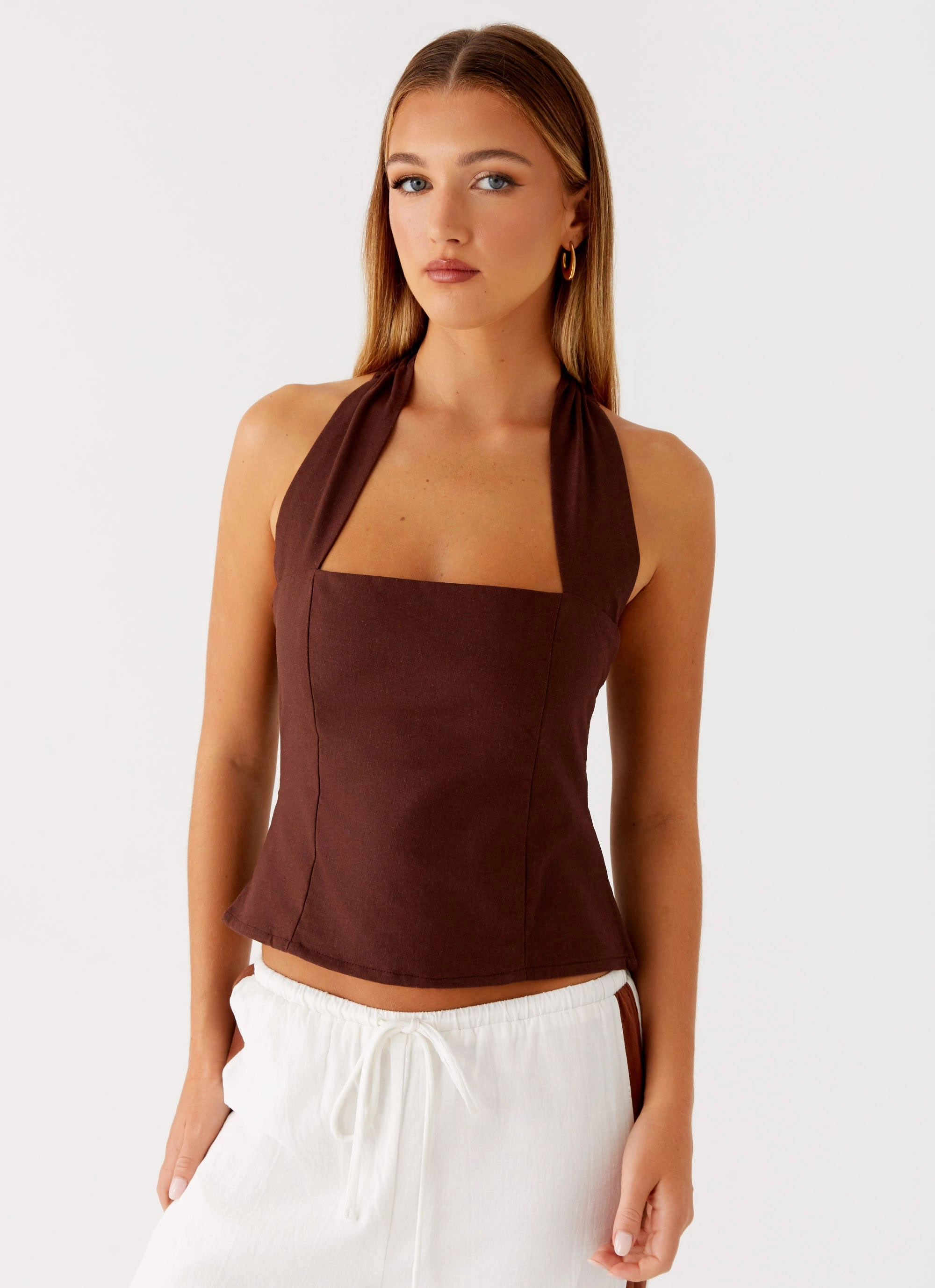 AllPurpose Design Sunflare Linen Halter Top - Chocolate