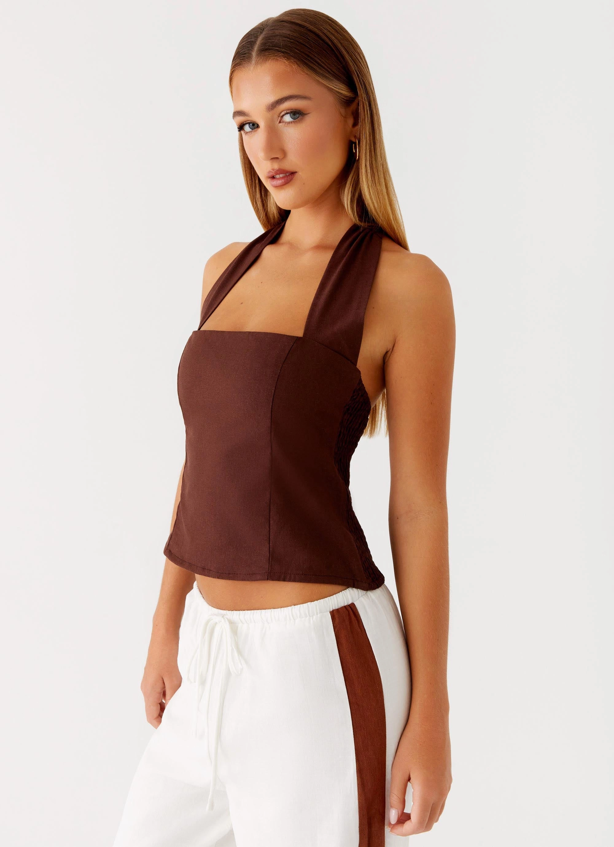 Sunflare Linen Halter Top - Chocolate DoubleNeedle Stitching