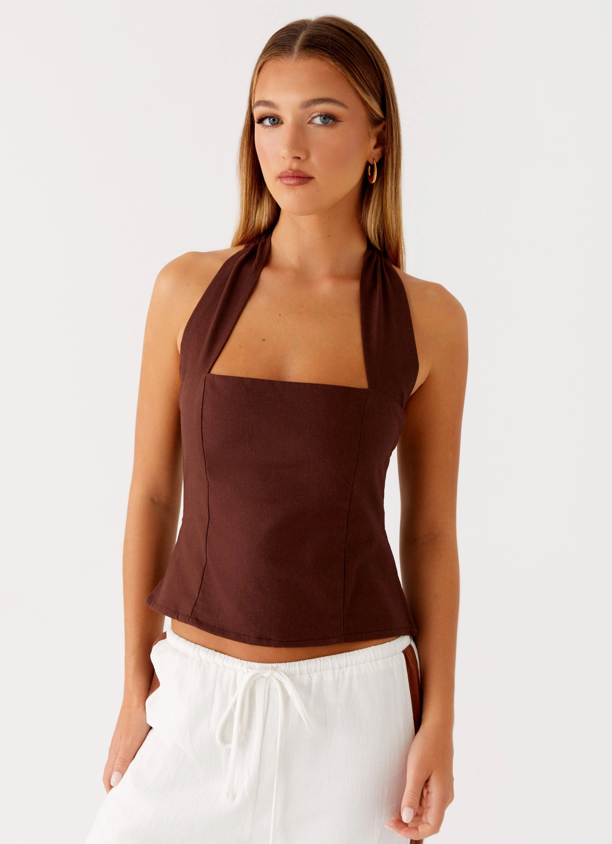 Compact Thermal Insulation SelfFabric Binding Sunflare Linen Halter Top - Chocolate