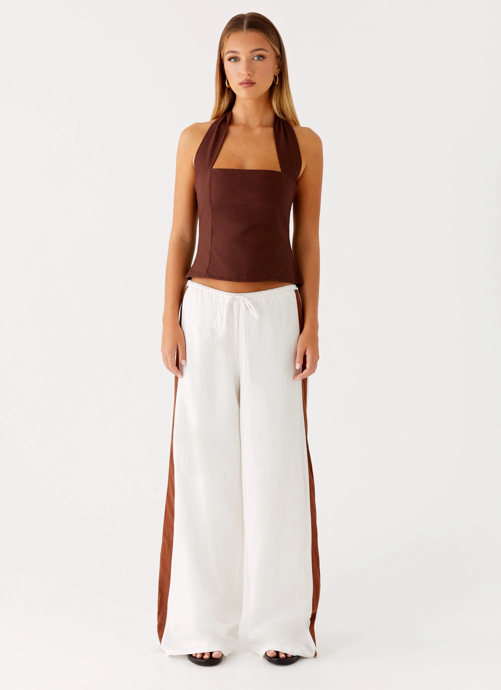 Sunflare Linen Halter Top - Chocolate V Neck Design MoistureWicking Material