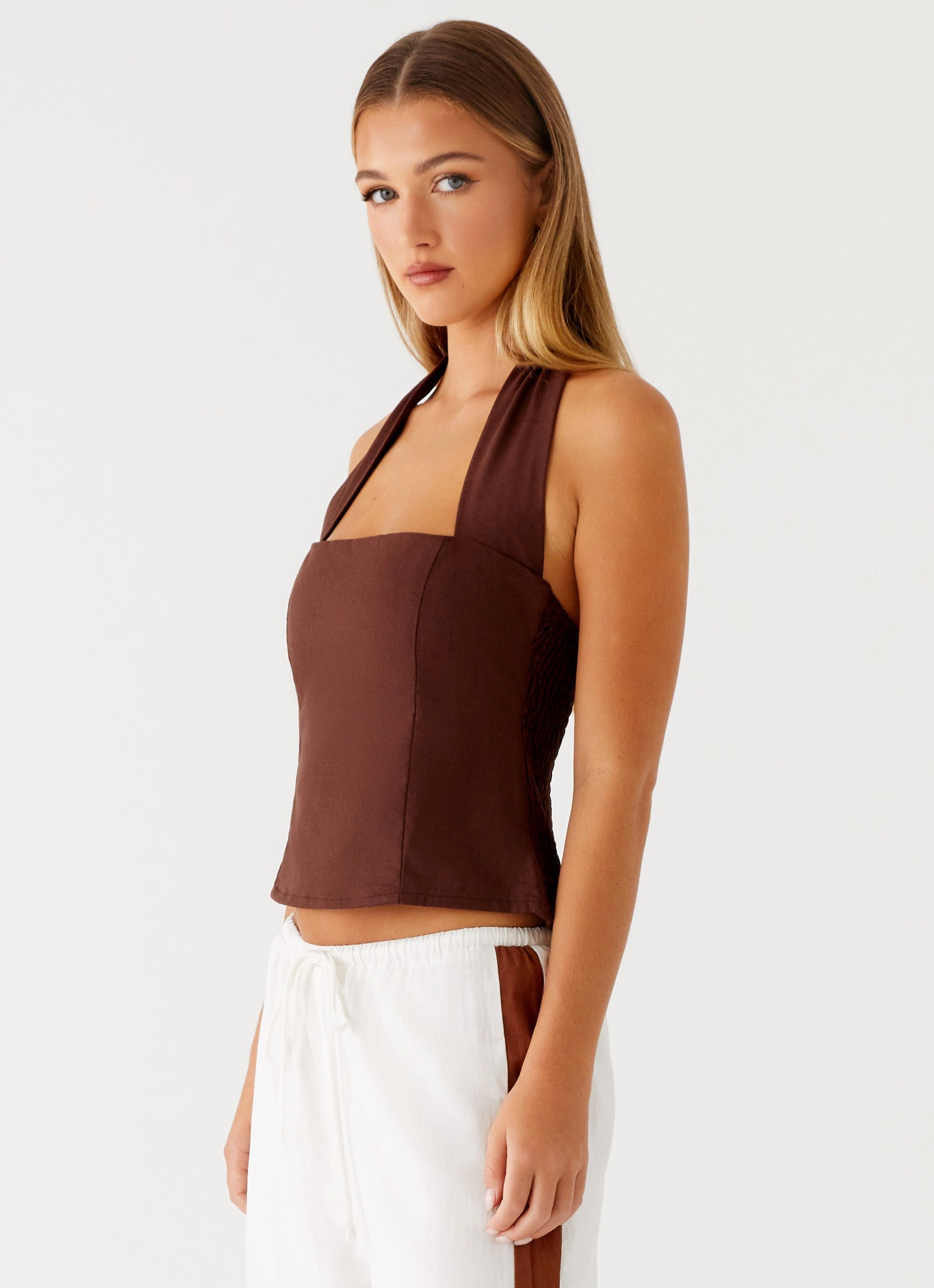 MeshLining SlimFitAdaptation Sunflare Linen Halter Top - Chocolate