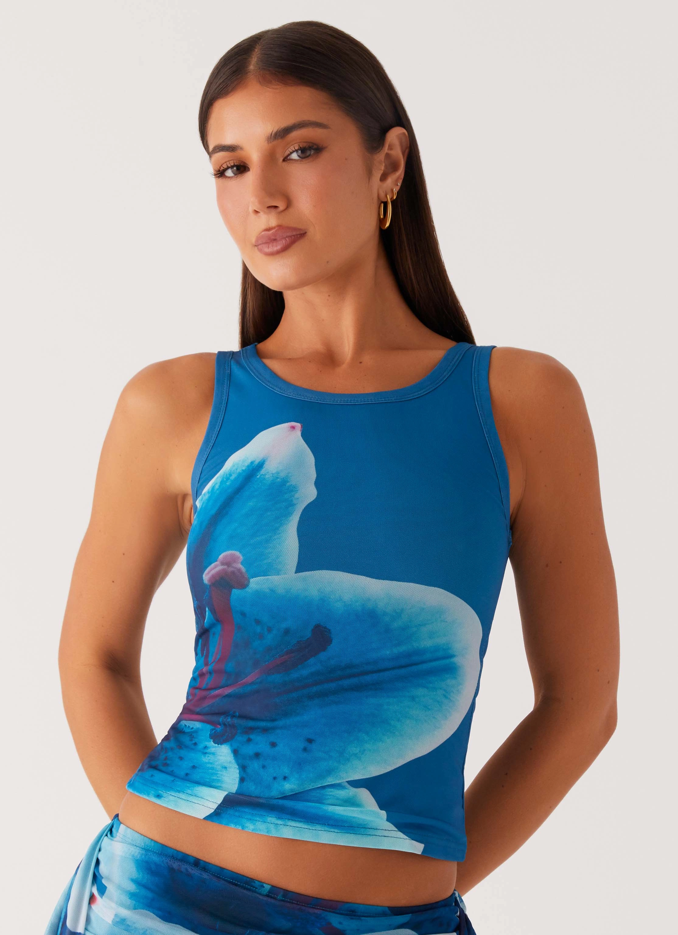 Edera Tank - Turquoise Floral Semi Sheer