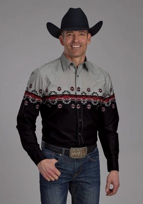 Roper Mens Ombre Aztec Border Black/Grey 100% Cotton L/S Shirt Embroidered Logo Tagless label