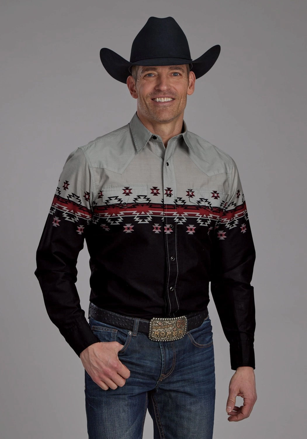 Roper Mens Ombre Aztec Border Black/Grey 100% Cotton L/S Shirt Embroidered Logo Tagless label